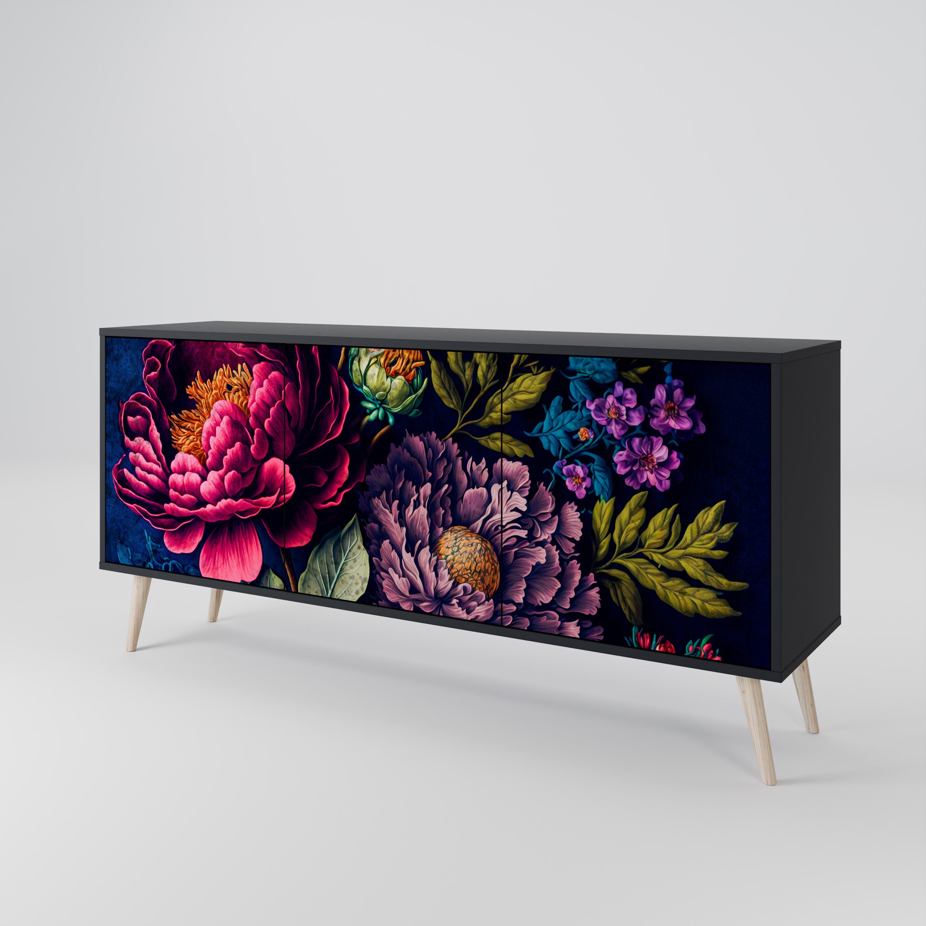 BLOOMING ELEGANCE 3-Door Sideboard in Black Finish
