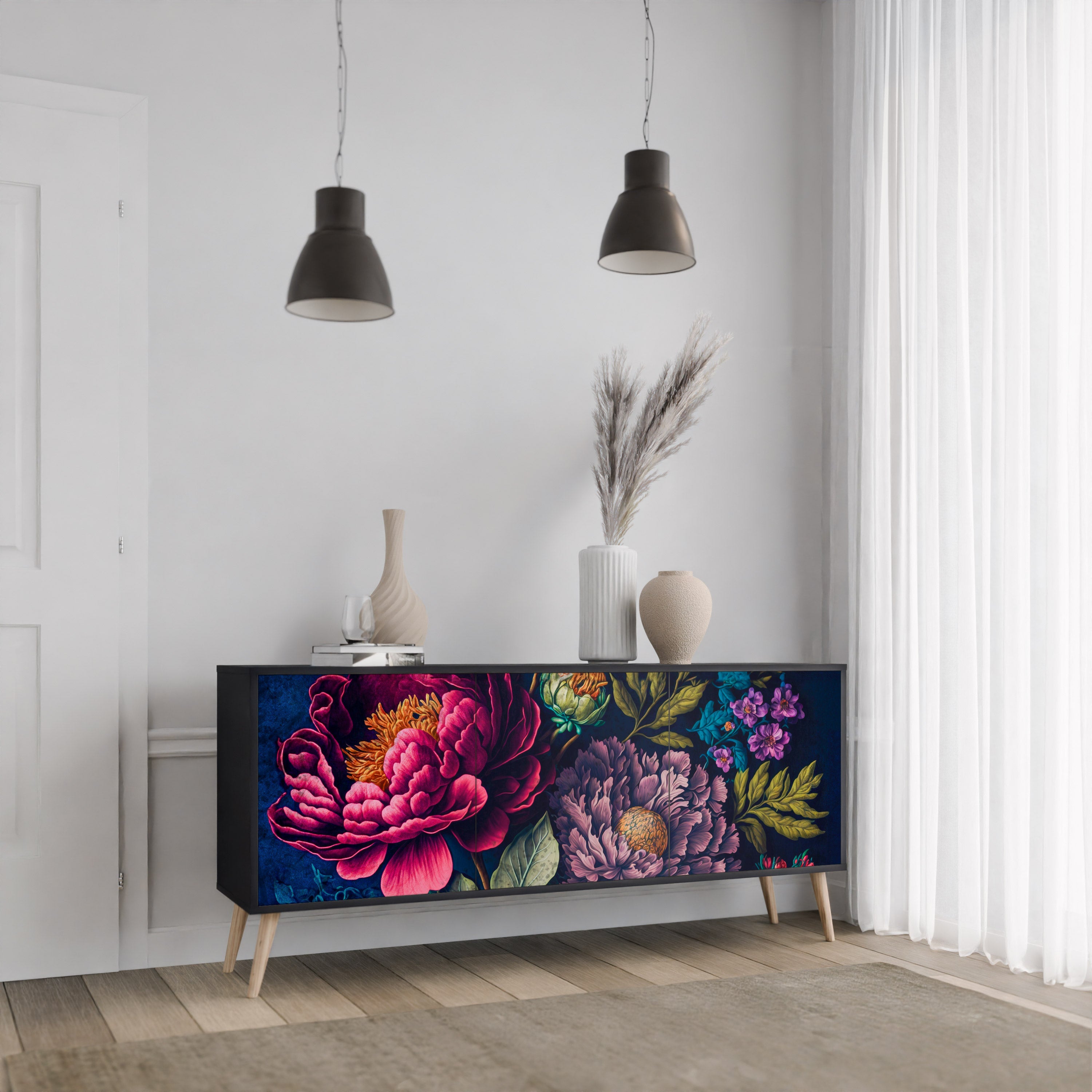 BLOOMING ELEGANCE 3-Door Sideboard in Black Finish