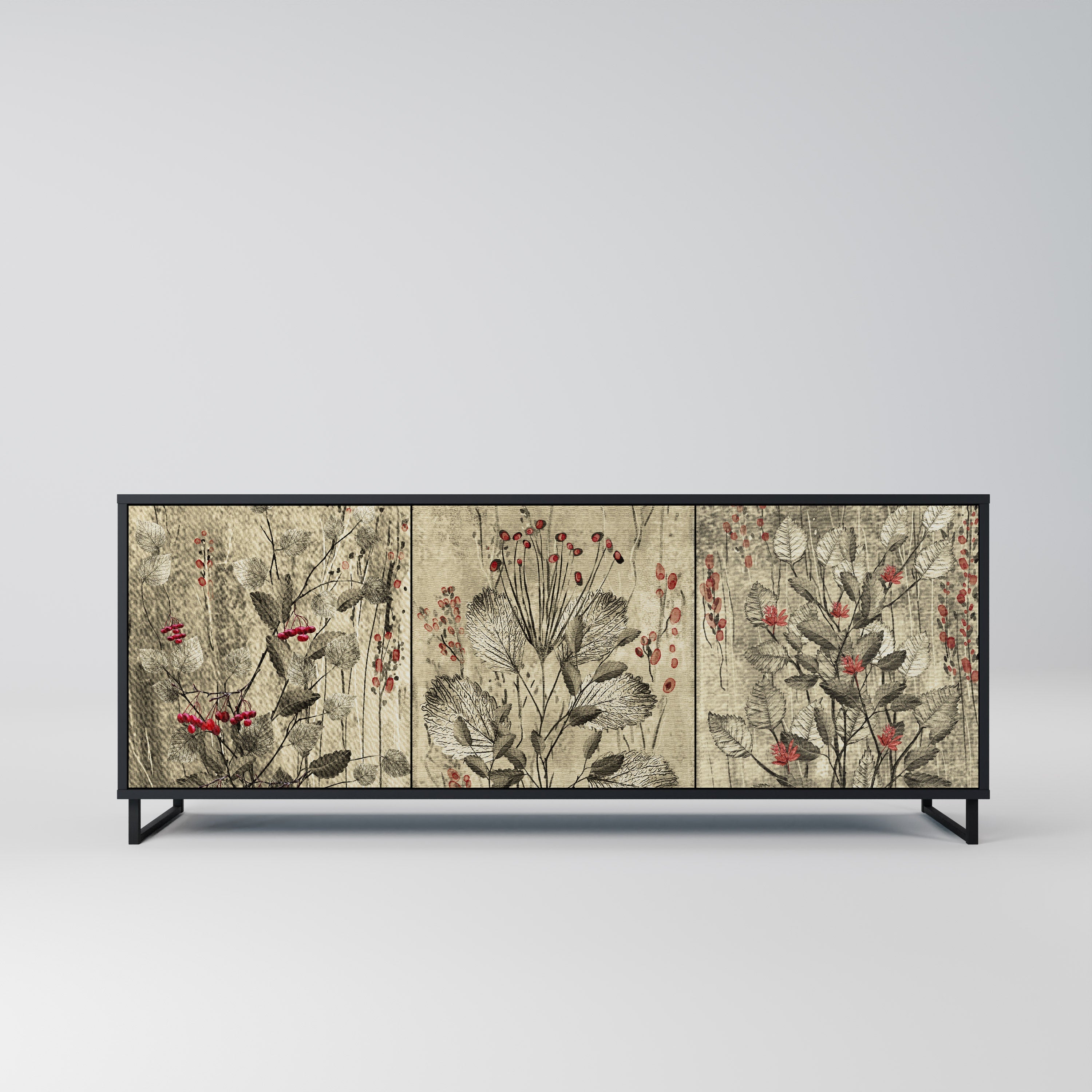 HERBAL GRACE 3-Door Sideboard in Black Finish