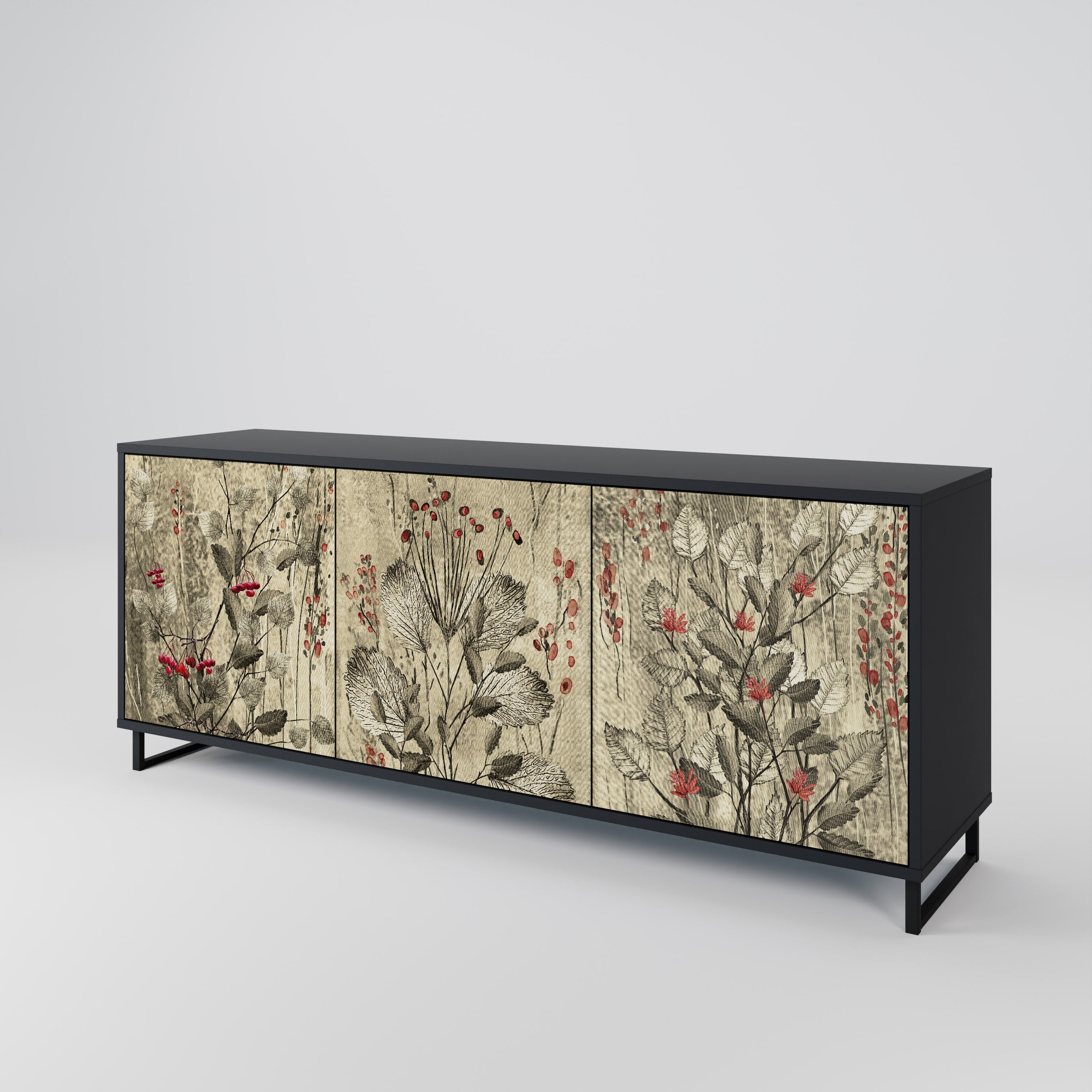 HERBAL GRACE 3-Door Sideboard in Black Finish