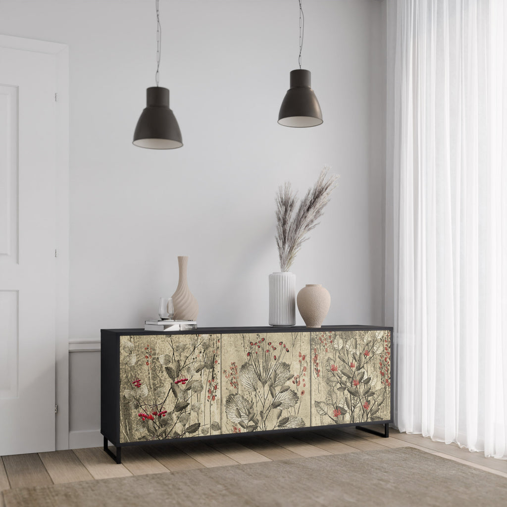 HERBAL GRACE 3-Door Sideboard in Black Finish