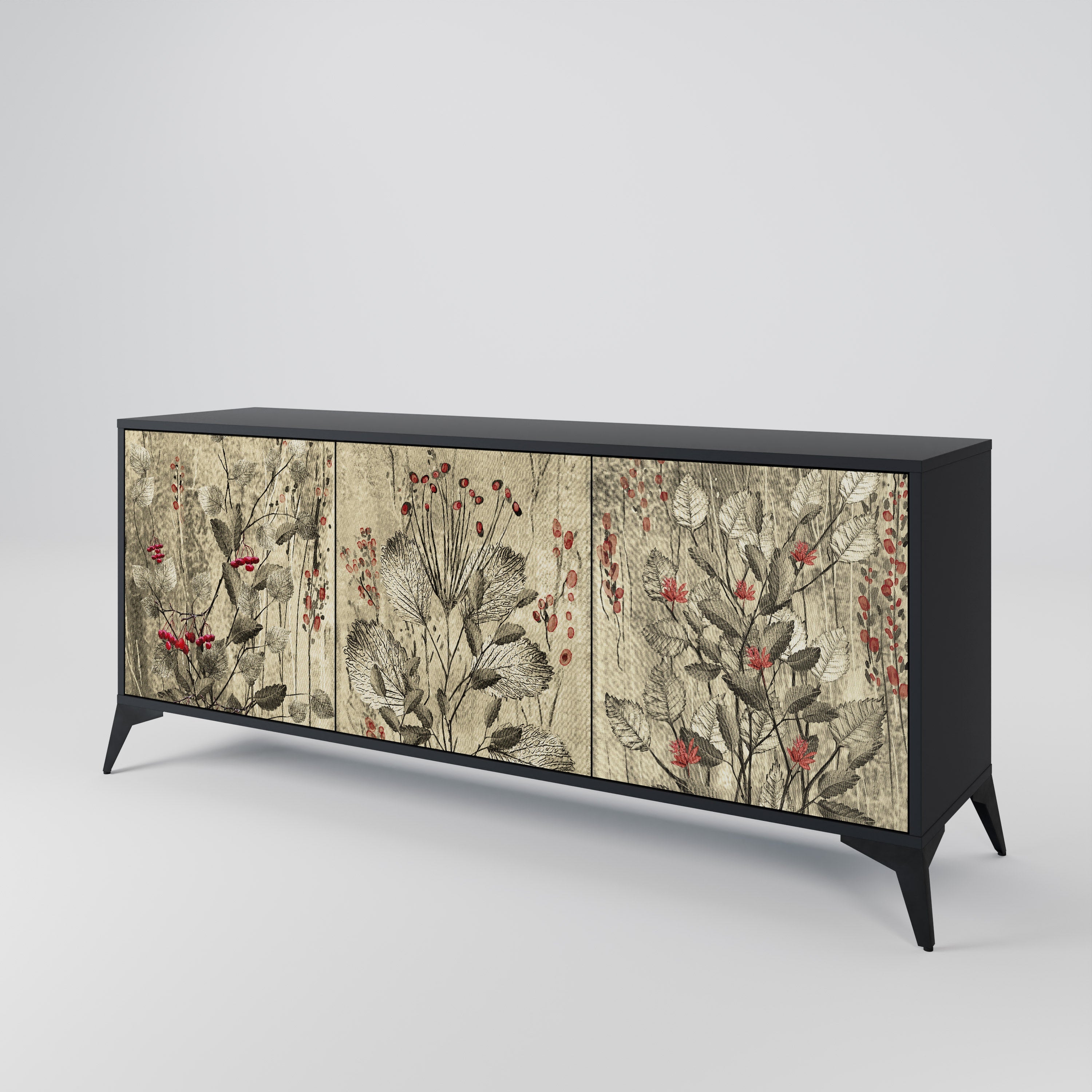 HERBAL GRACE 3-Door Sideboard in Black Finish