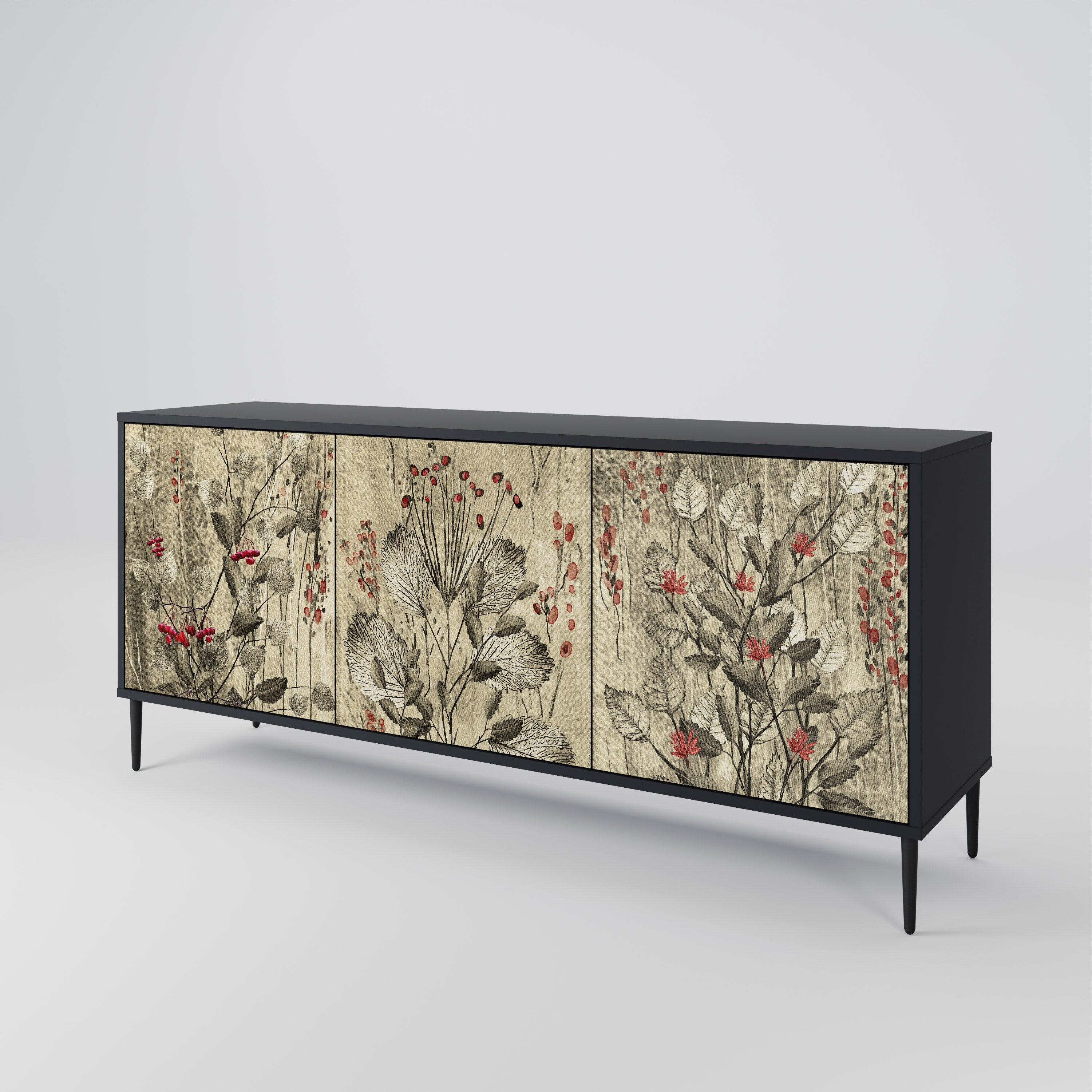 HERBAL GRACE 3-Door Sideboard in Black Finish
