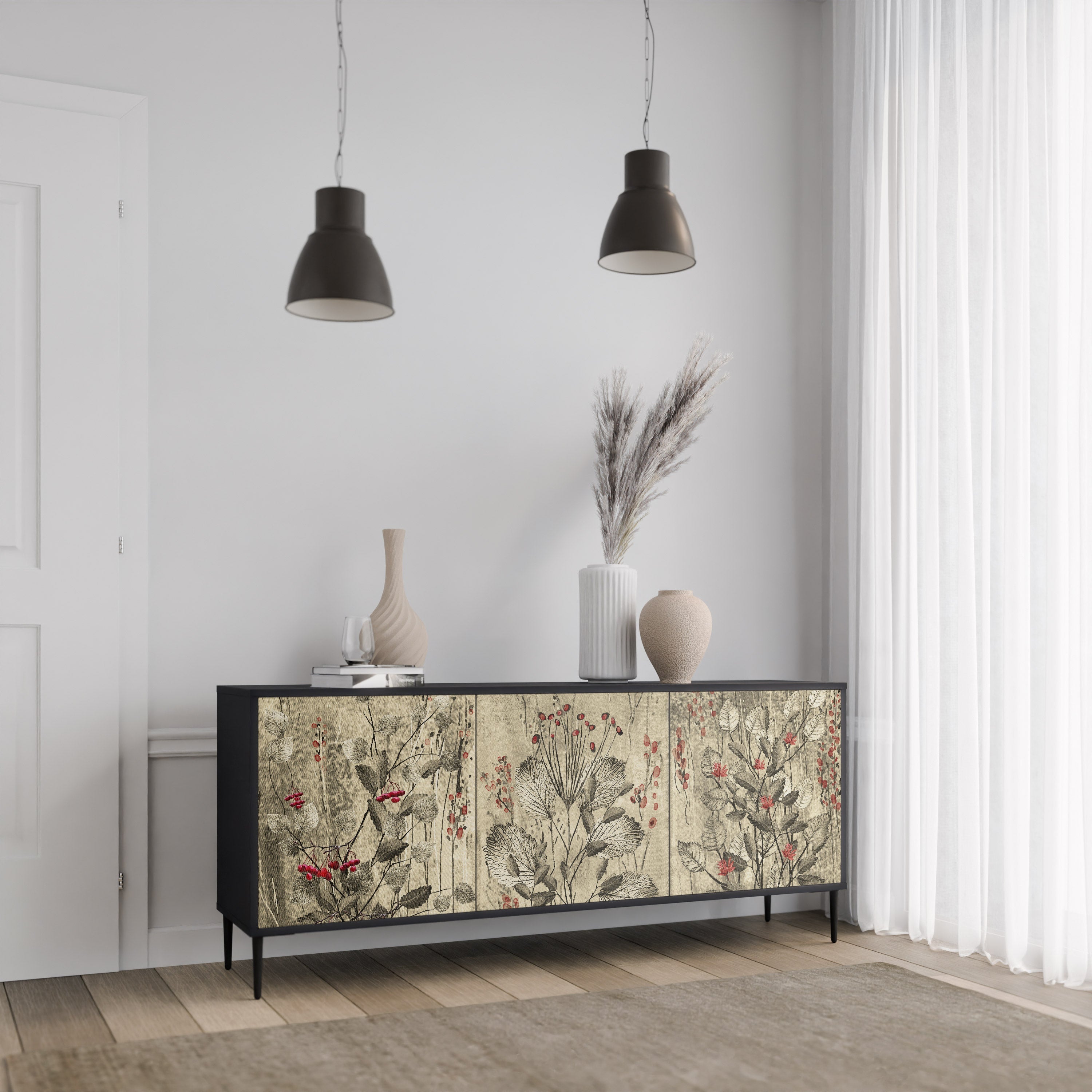 HERBAL GRACE 3-Door Sideboard in Black Finish