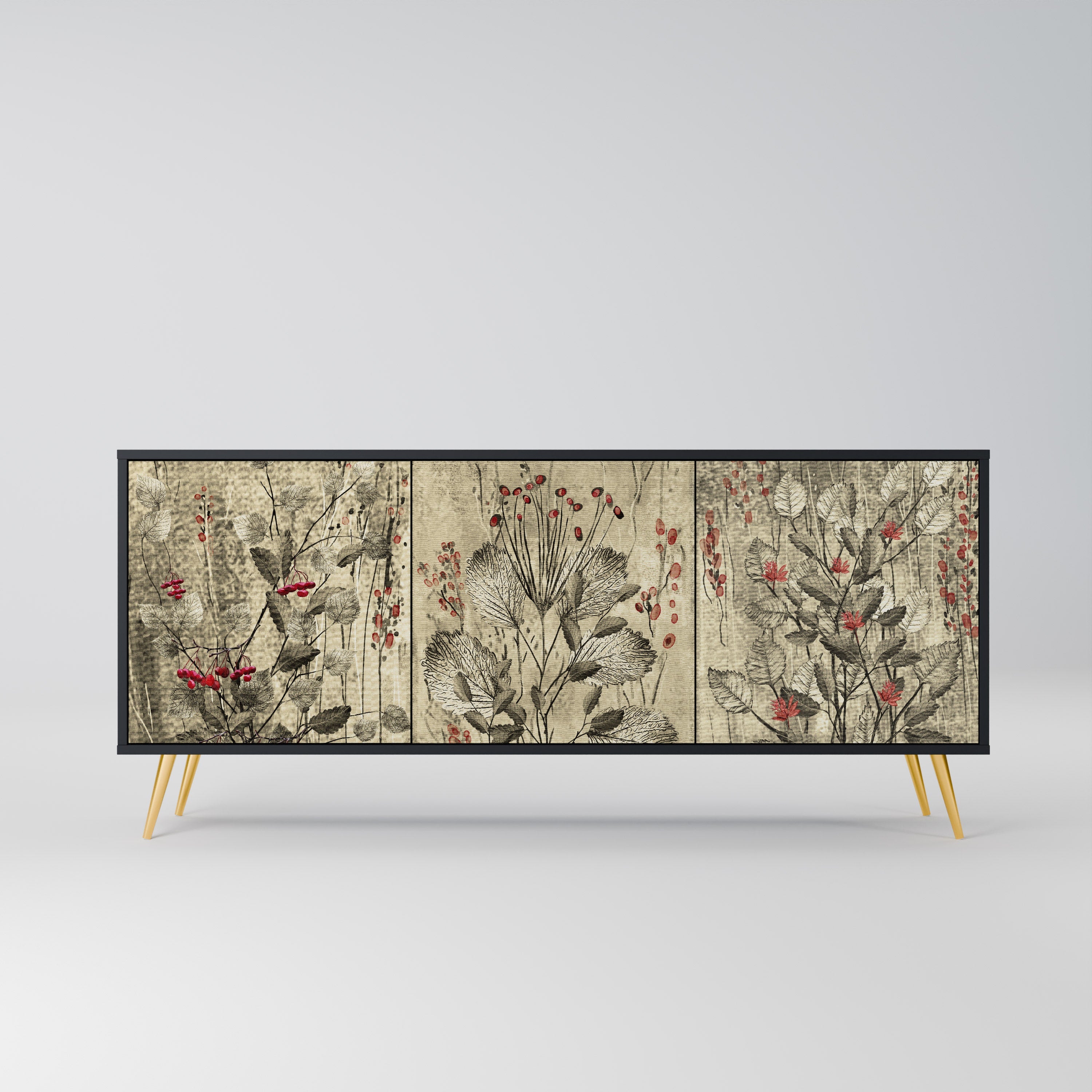 HERBAL GRACE 3-Door Sideboard in Black Finish