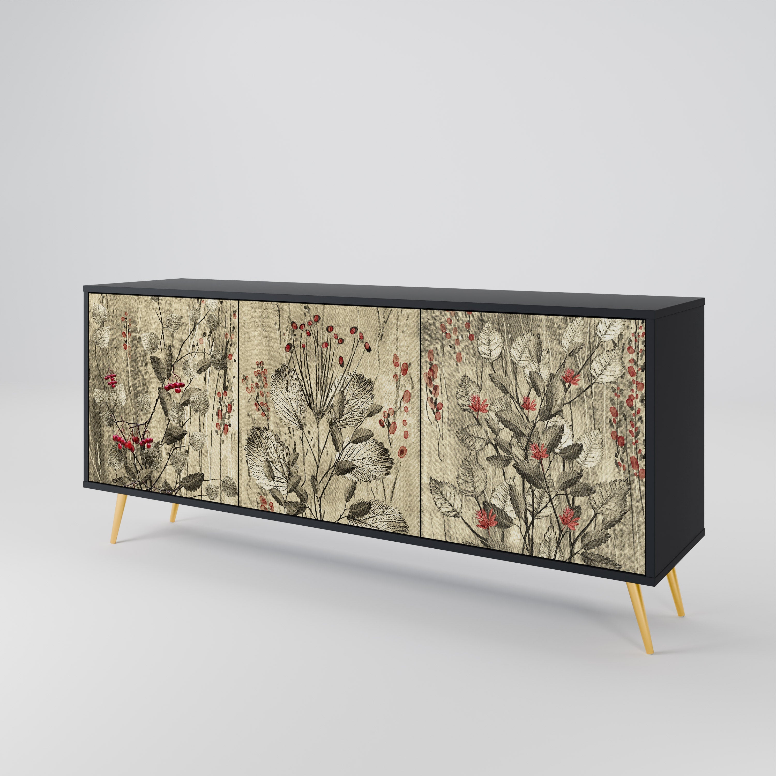 HERBAL GRACE 3-Door Sideboard in Black Finish