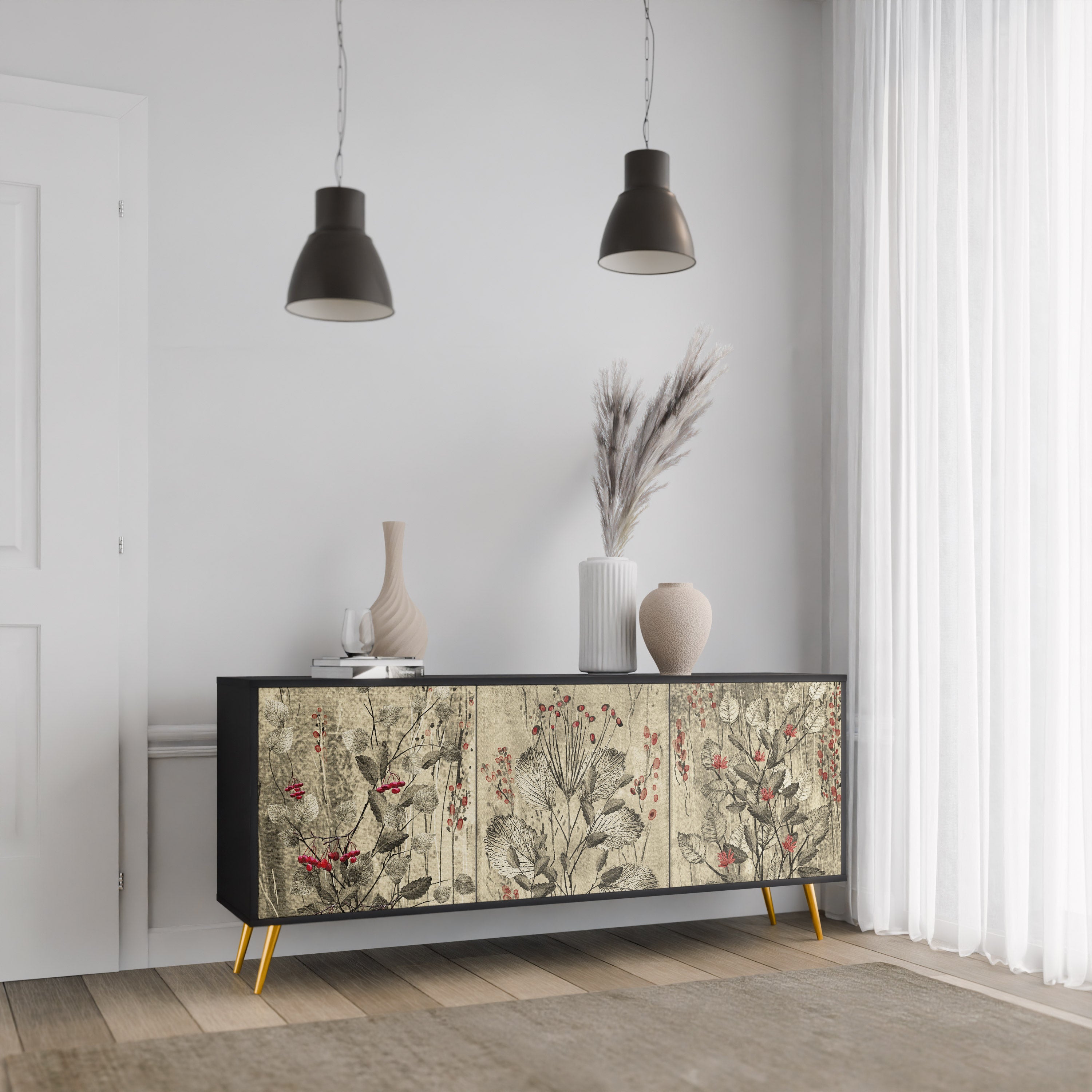 HERBAL GRACE 3-Door Sideboard in Black Finish