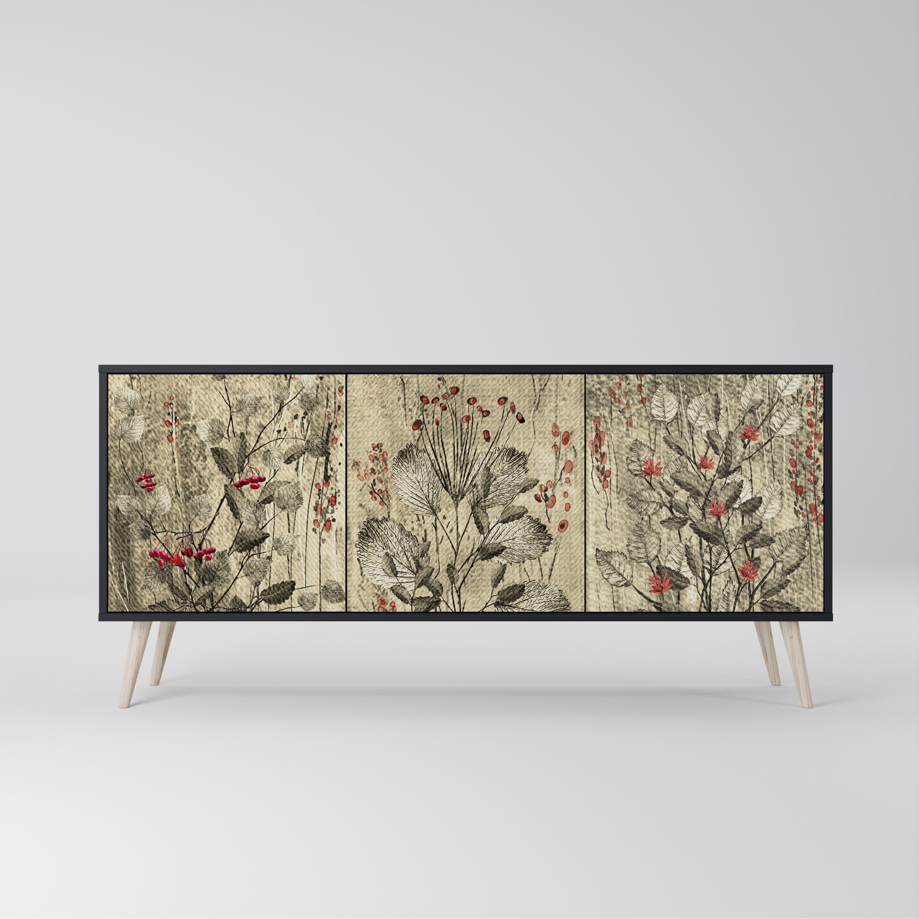 HERBAL GRACE 3-Door Sideboard in Black Finish