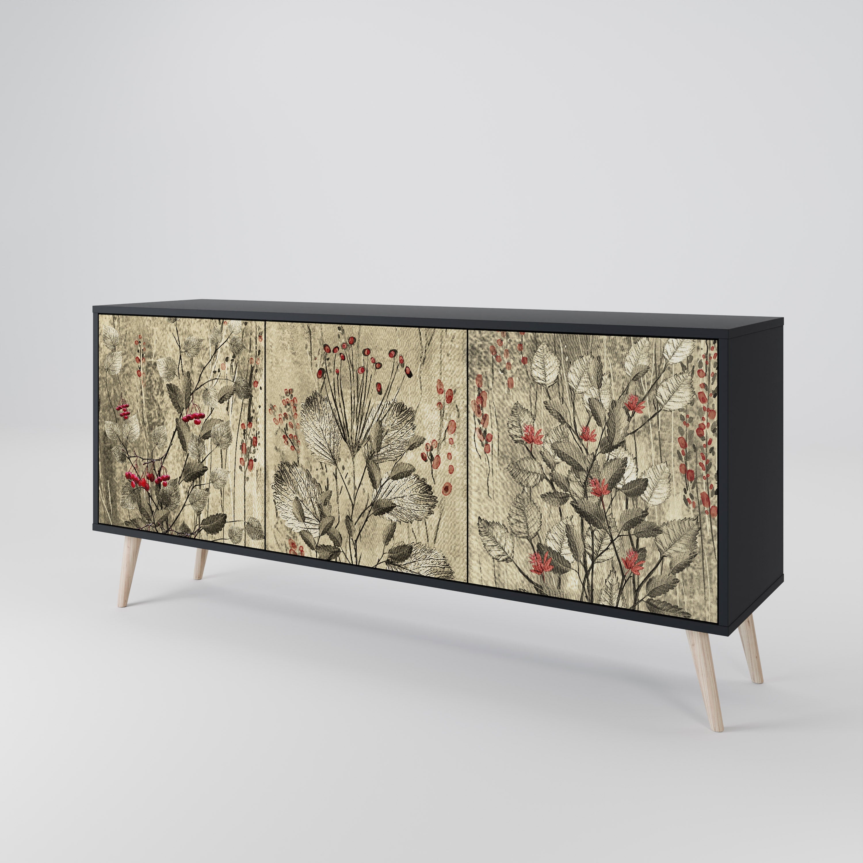 HERBAL GRACE 3-Door Sideboard in Black Finish