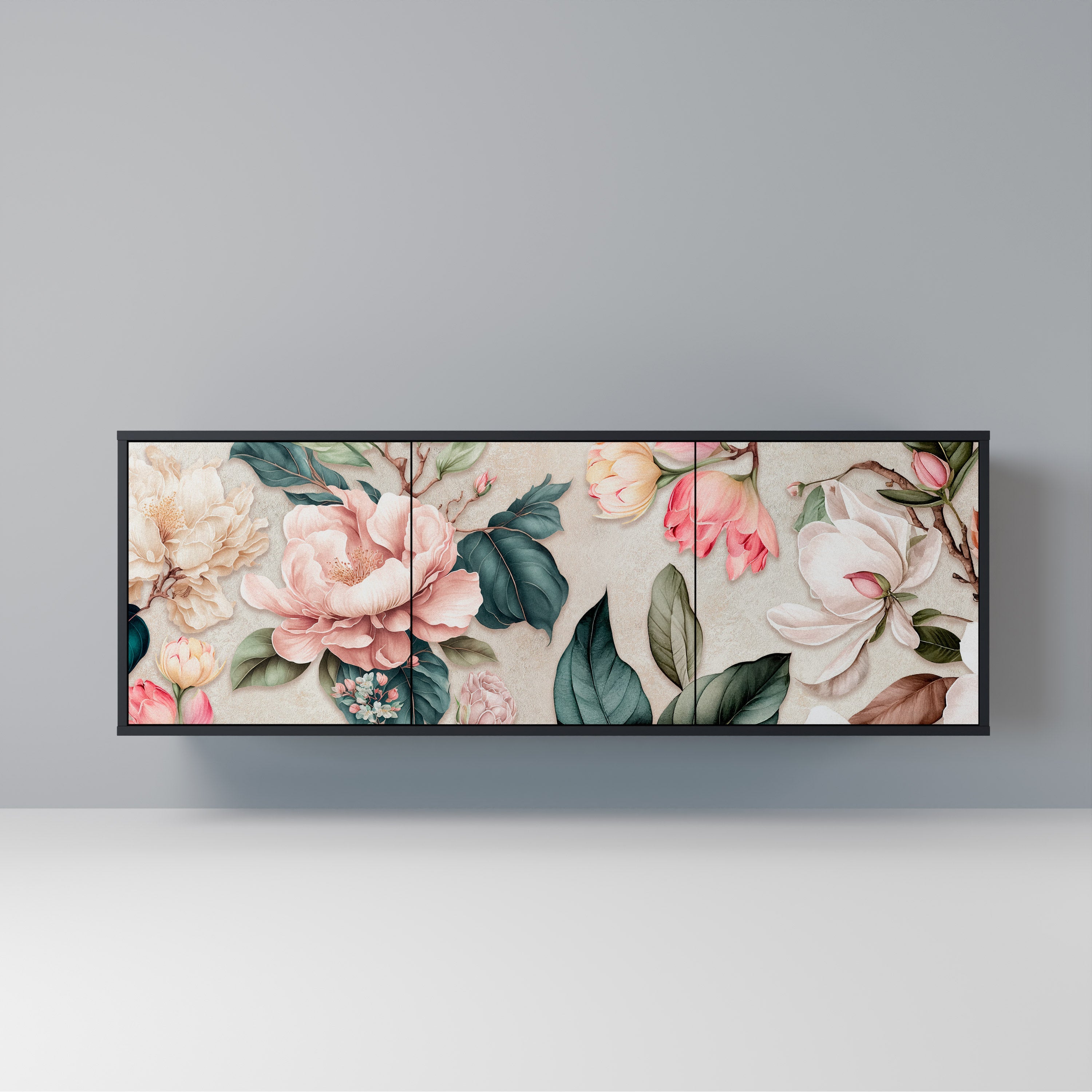 FLORAL GRACE 3-Door Sideboard in Black Finish