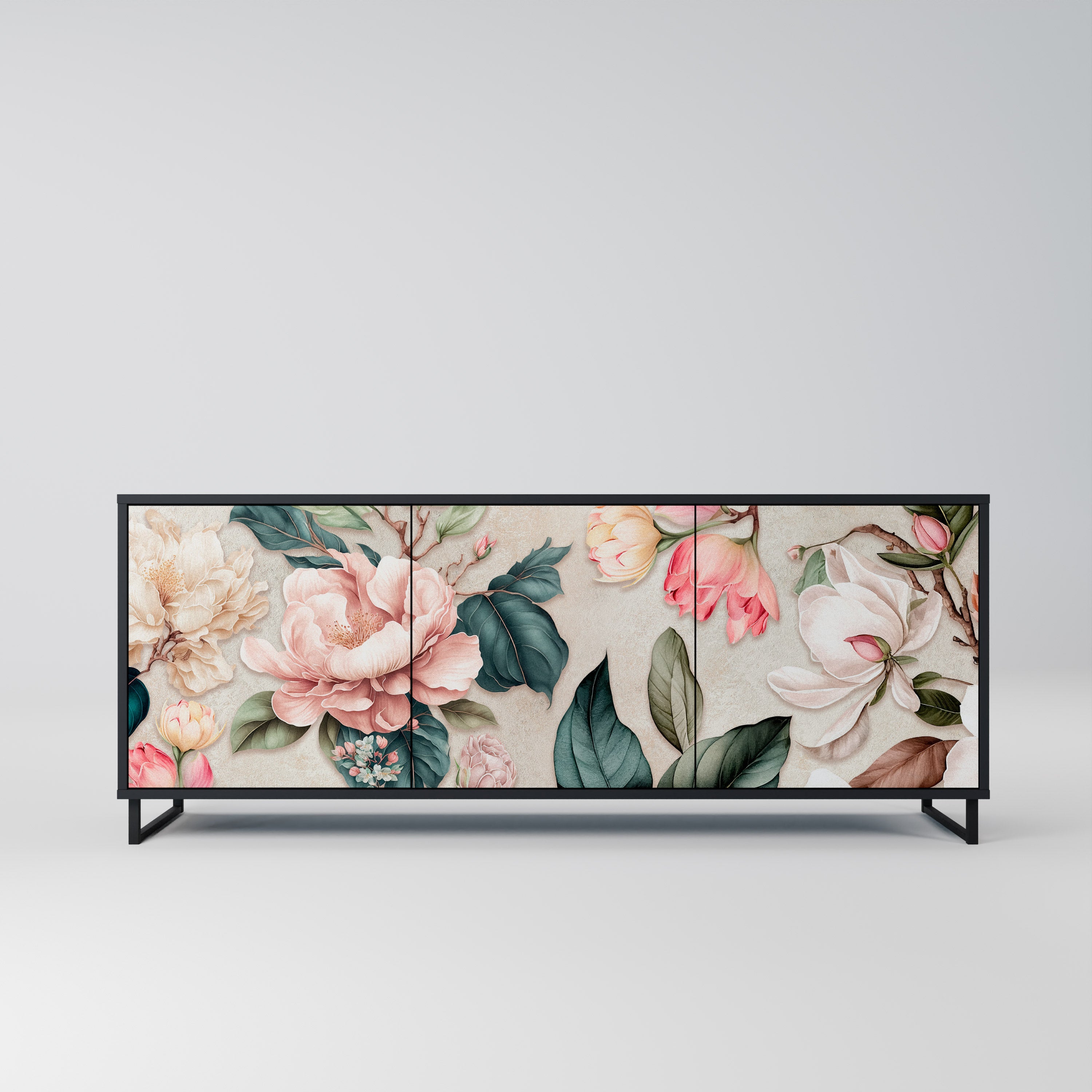FLORAL GRACE 3-Door Sideboard in Black Finish