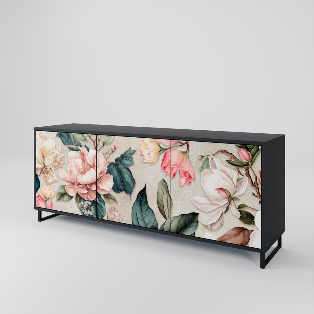 FLORAL GRACE 3-Door Sideboard in Black Finish