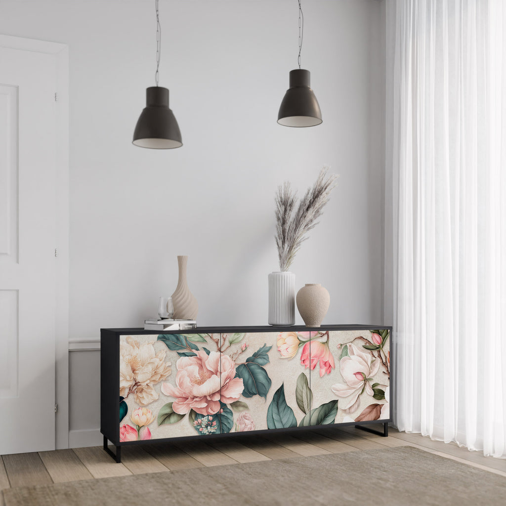 FLORAL GRACE 3-Door Sideboard in Black Finish