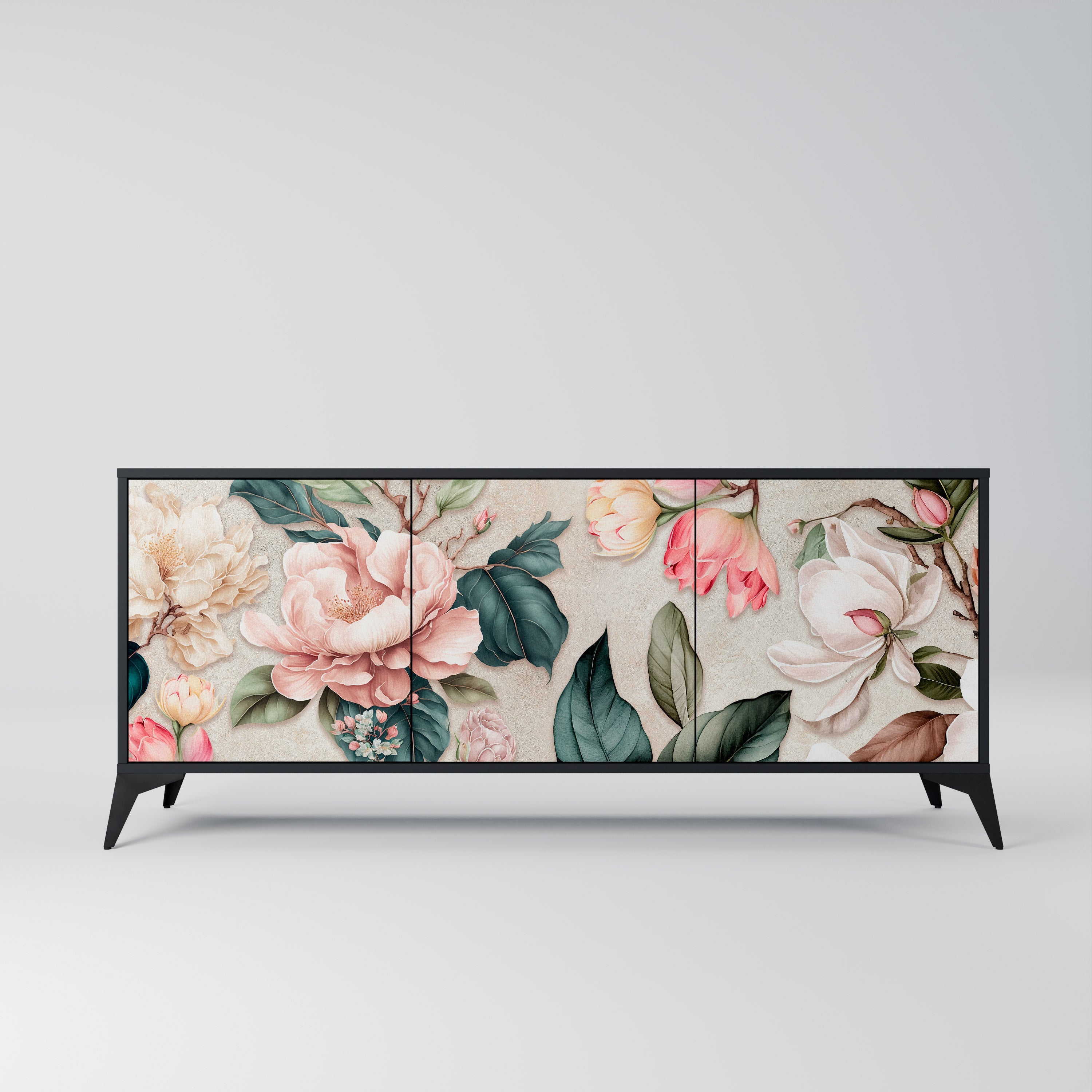 FLORAL GRACE 3-Door Sideboard in Black Finish