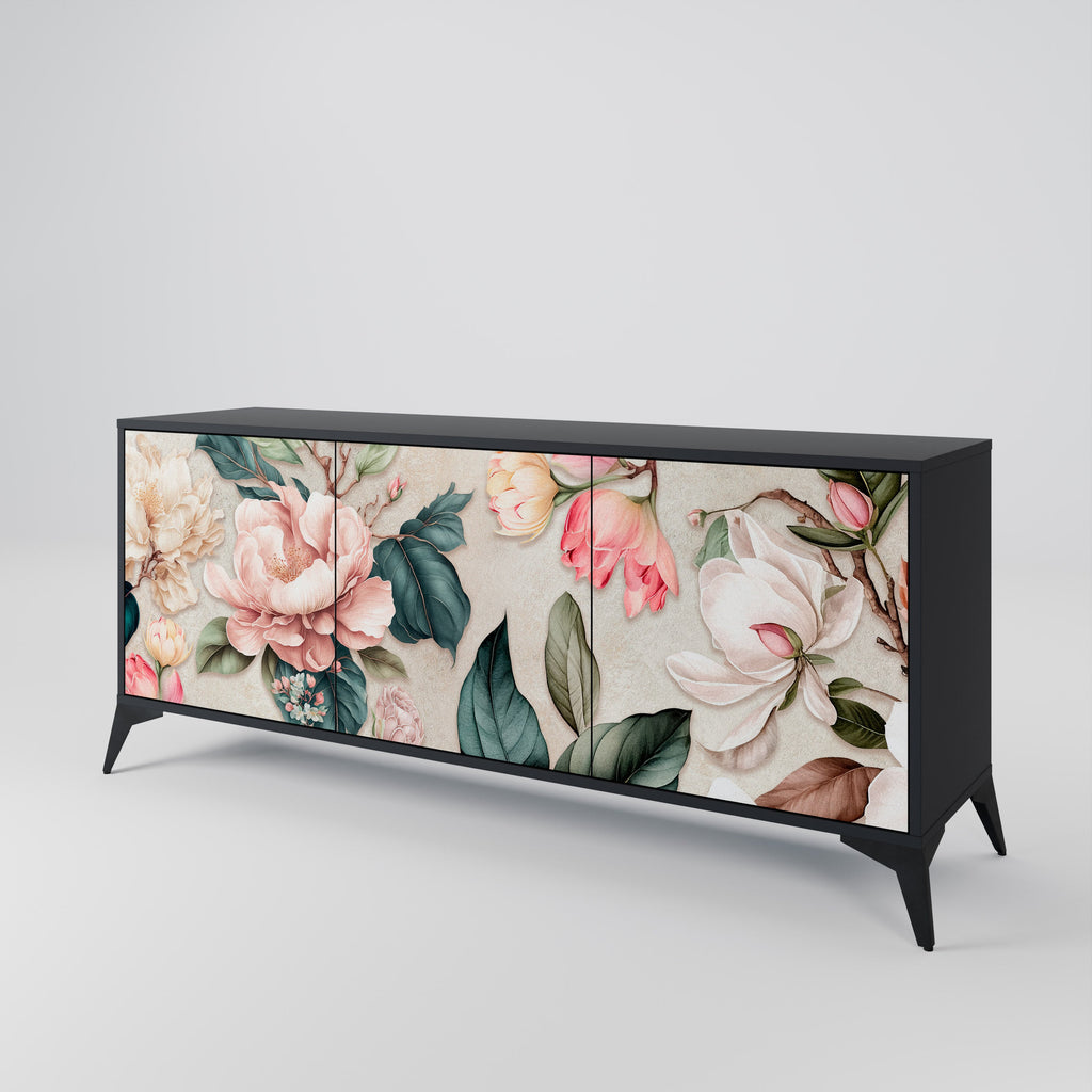 FLORAL GRACE 3-Door Sideboard in Black Finish