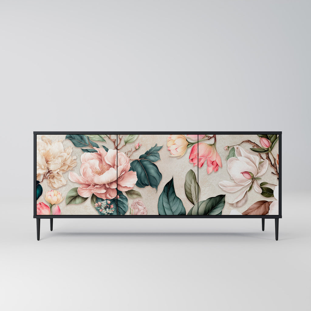 FLORAL GRACE 3-Door Sideboard in Black Finish