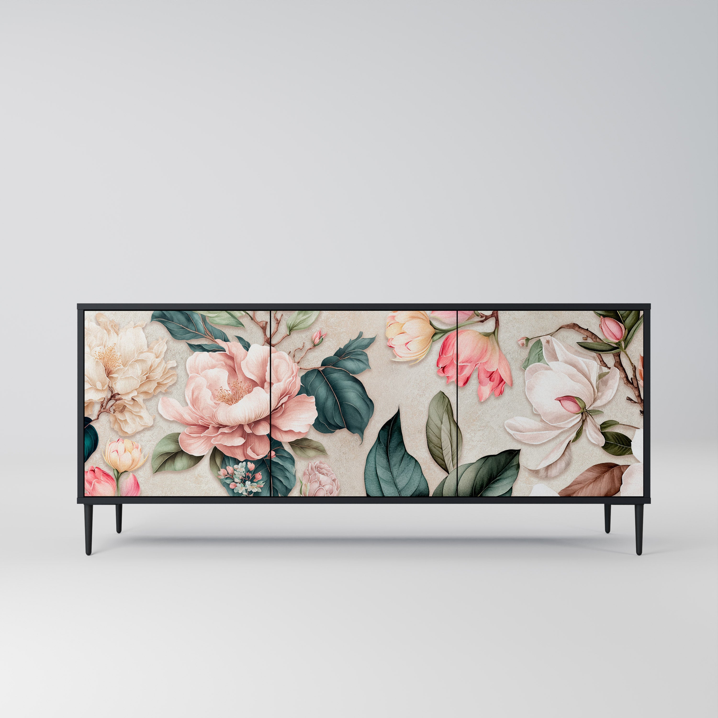 FLORAL GRACE 3-Door Sideboard in Black Finish