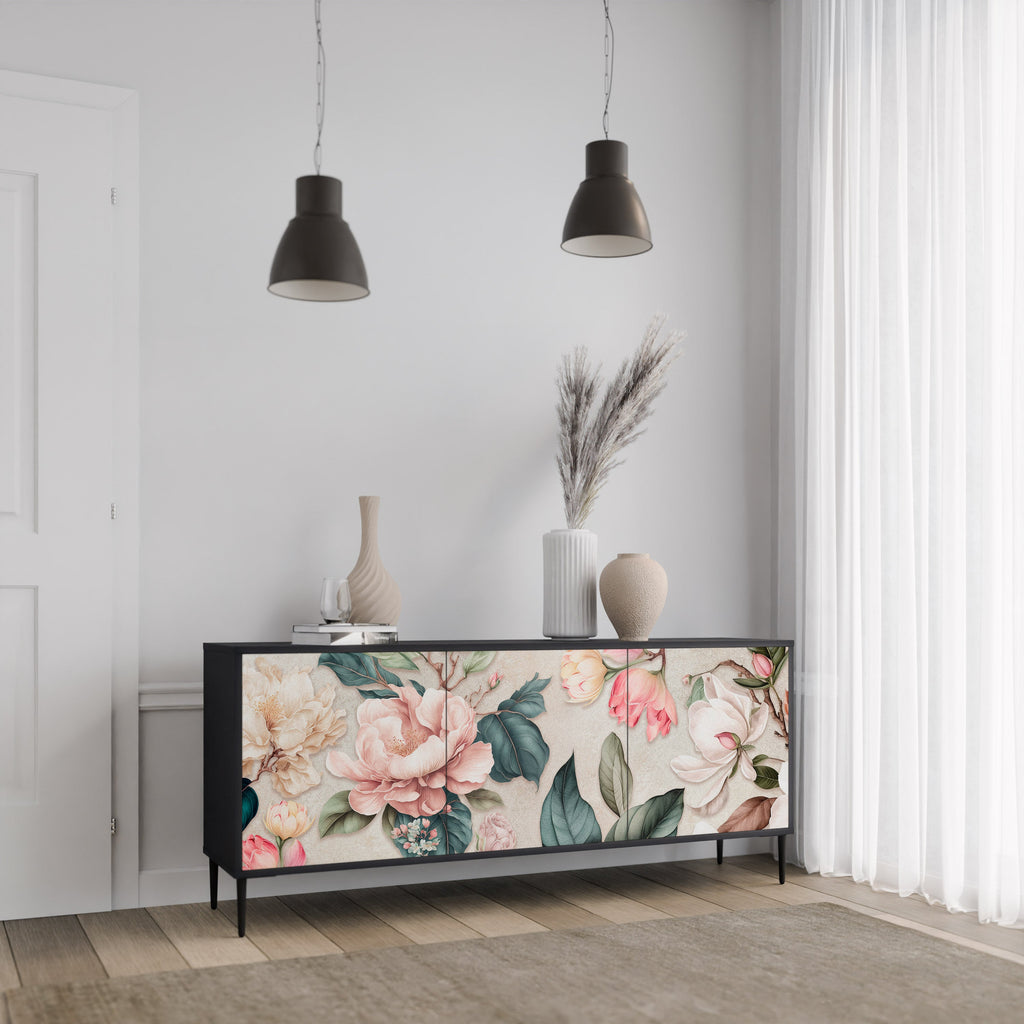 FLORAL GRACE 3-Door Sideboard in Black Finish