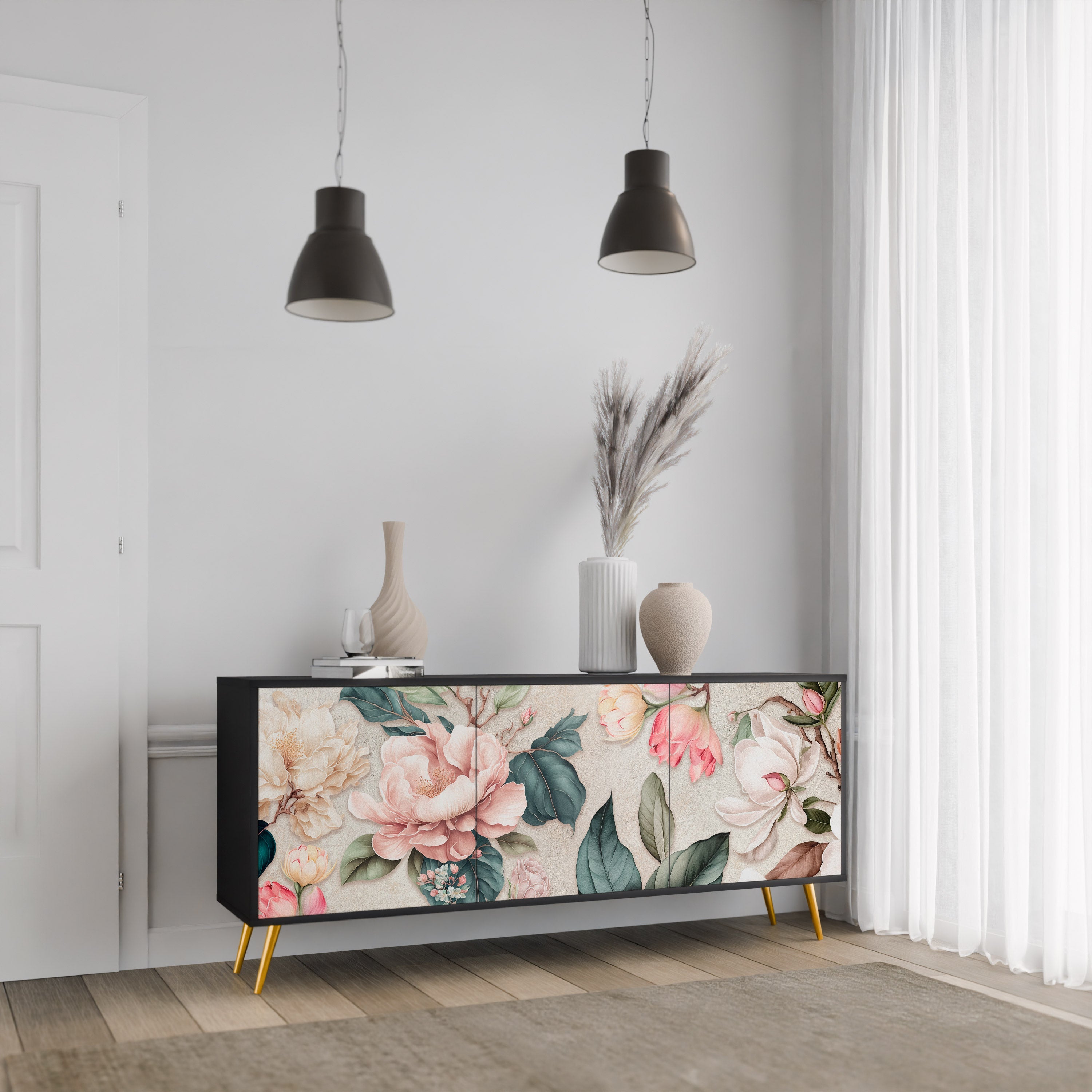 FLORAL GRACE 3-Door Sideboard in Black Finish
