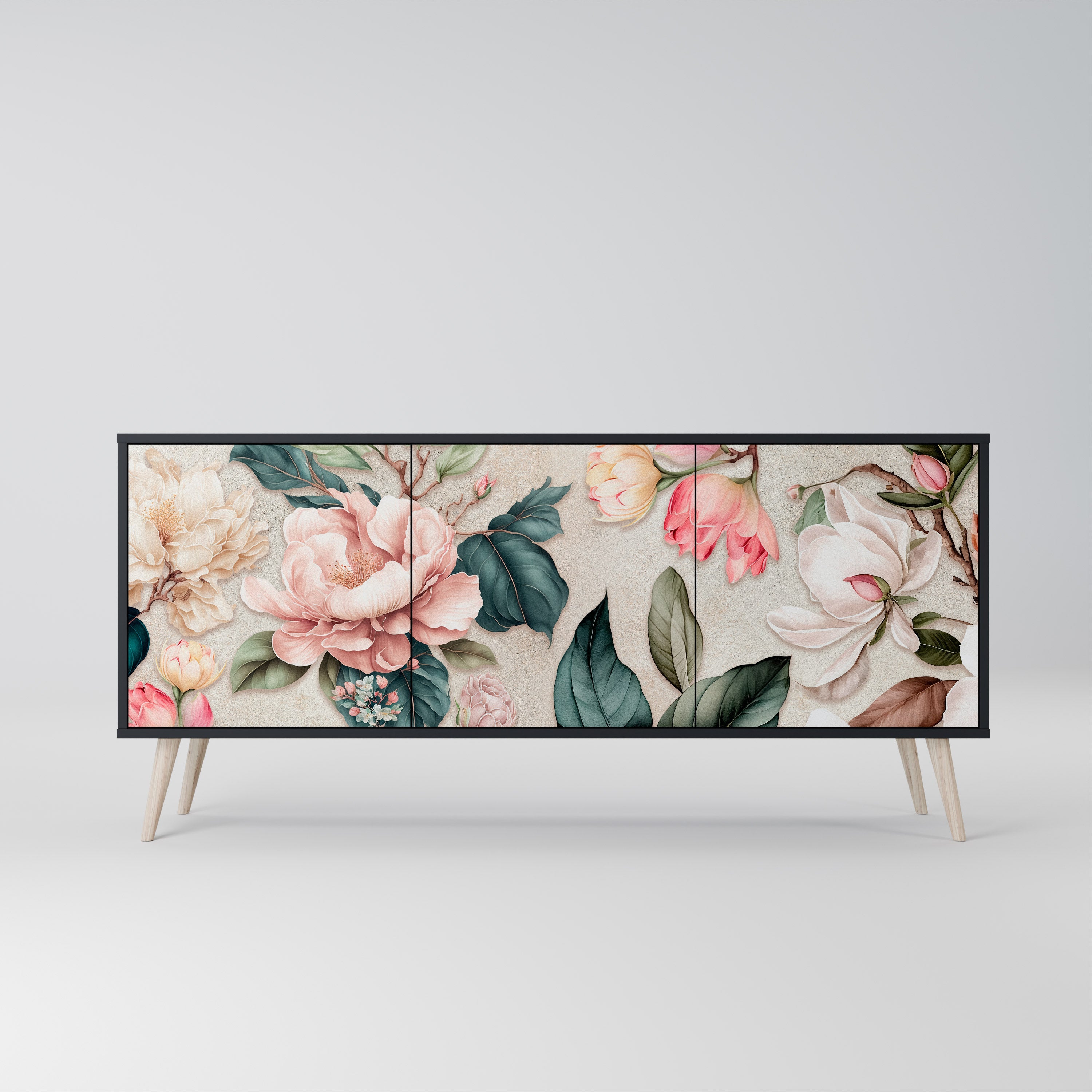 FLORAL GRACE 3-Door Sideboard in Black Finish