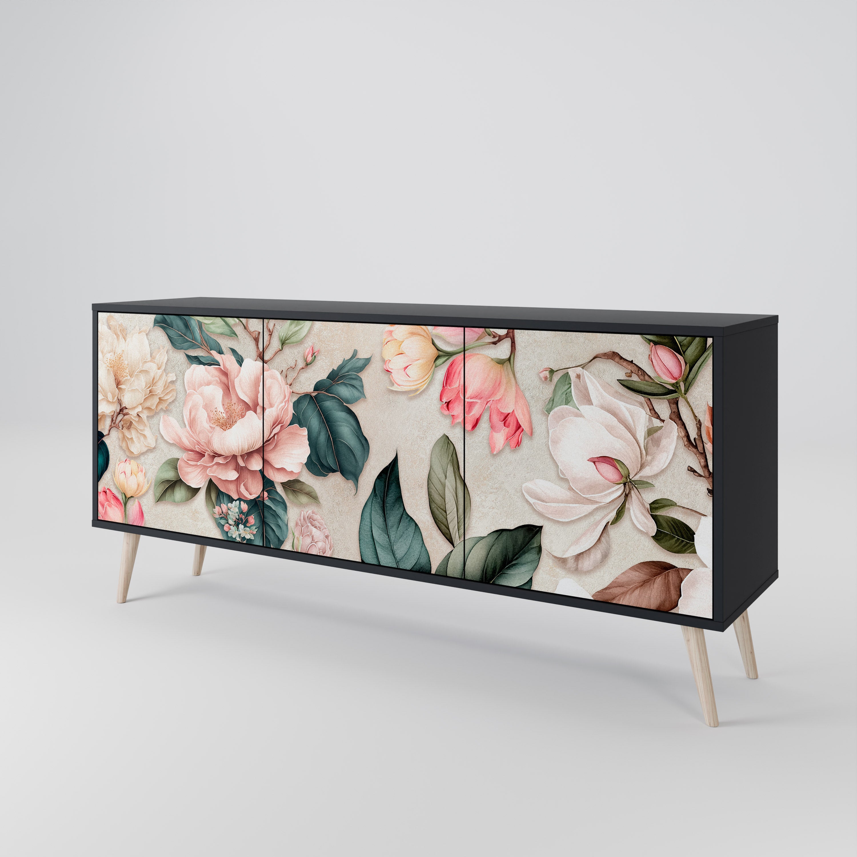 FLORAL GRACE 3-Door Sideboard in Black Finish