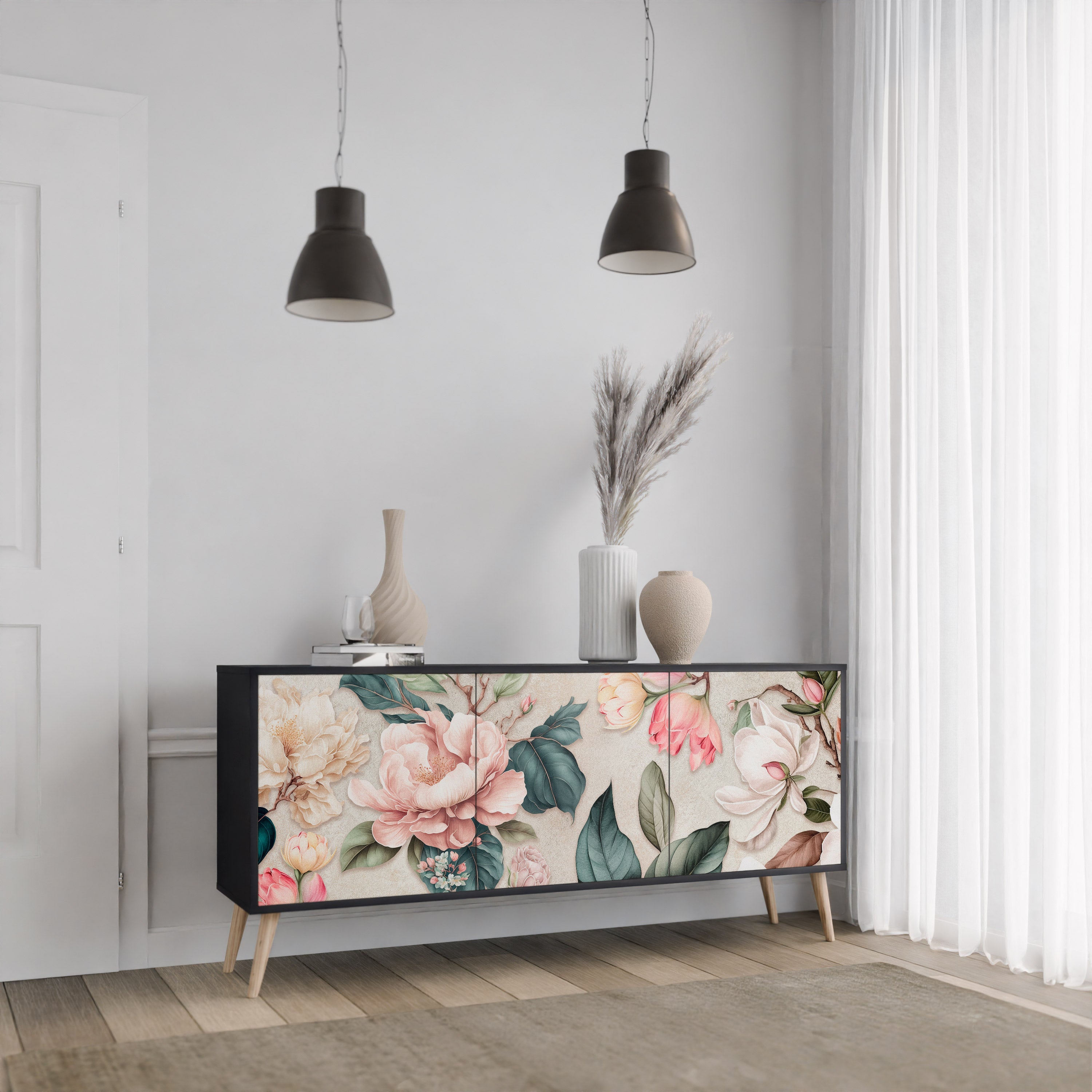 FLORAL GRACE 3-Door Sideboard in Black Finish