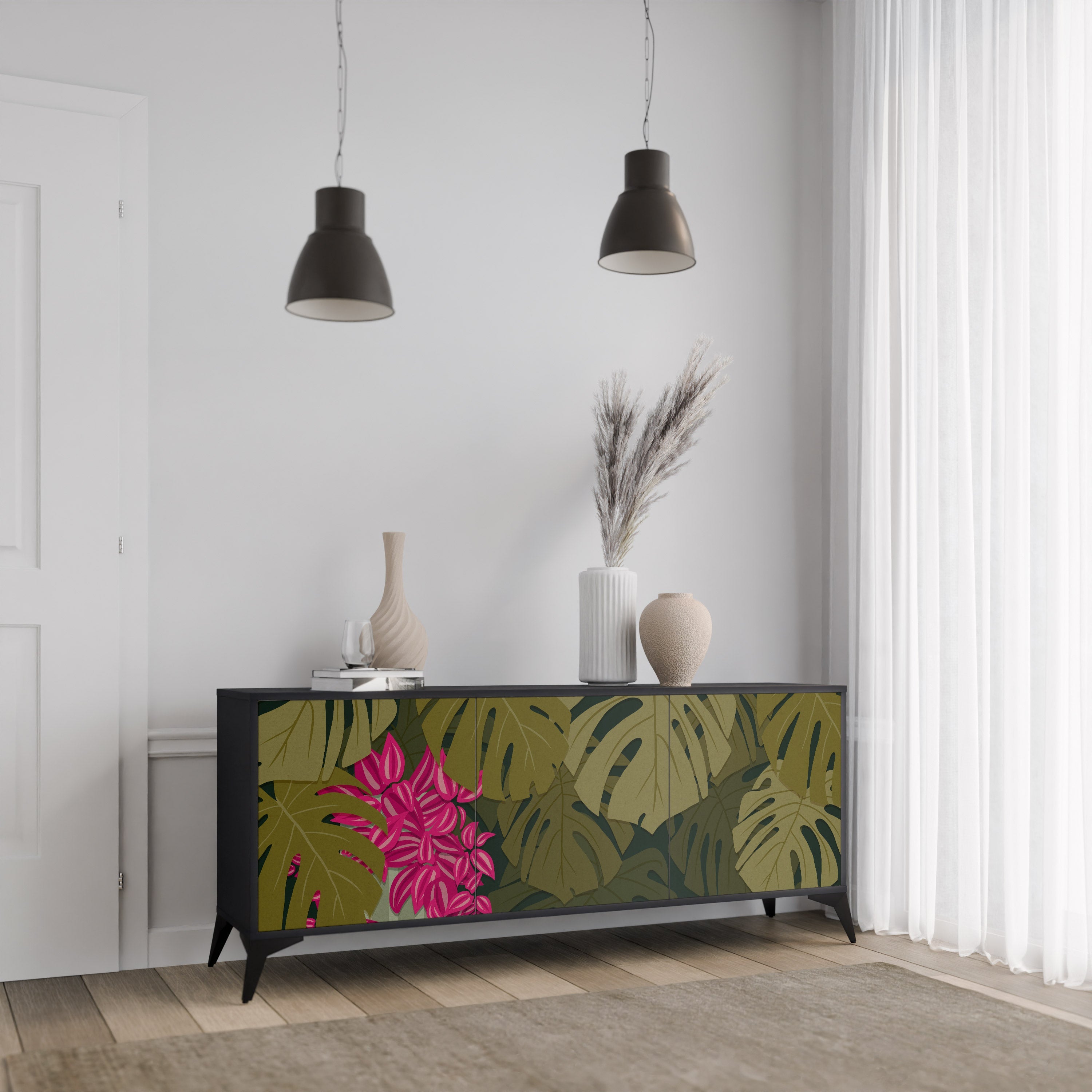 TROPICAL BEAUTY 3-Door Sideboard in Black Finish