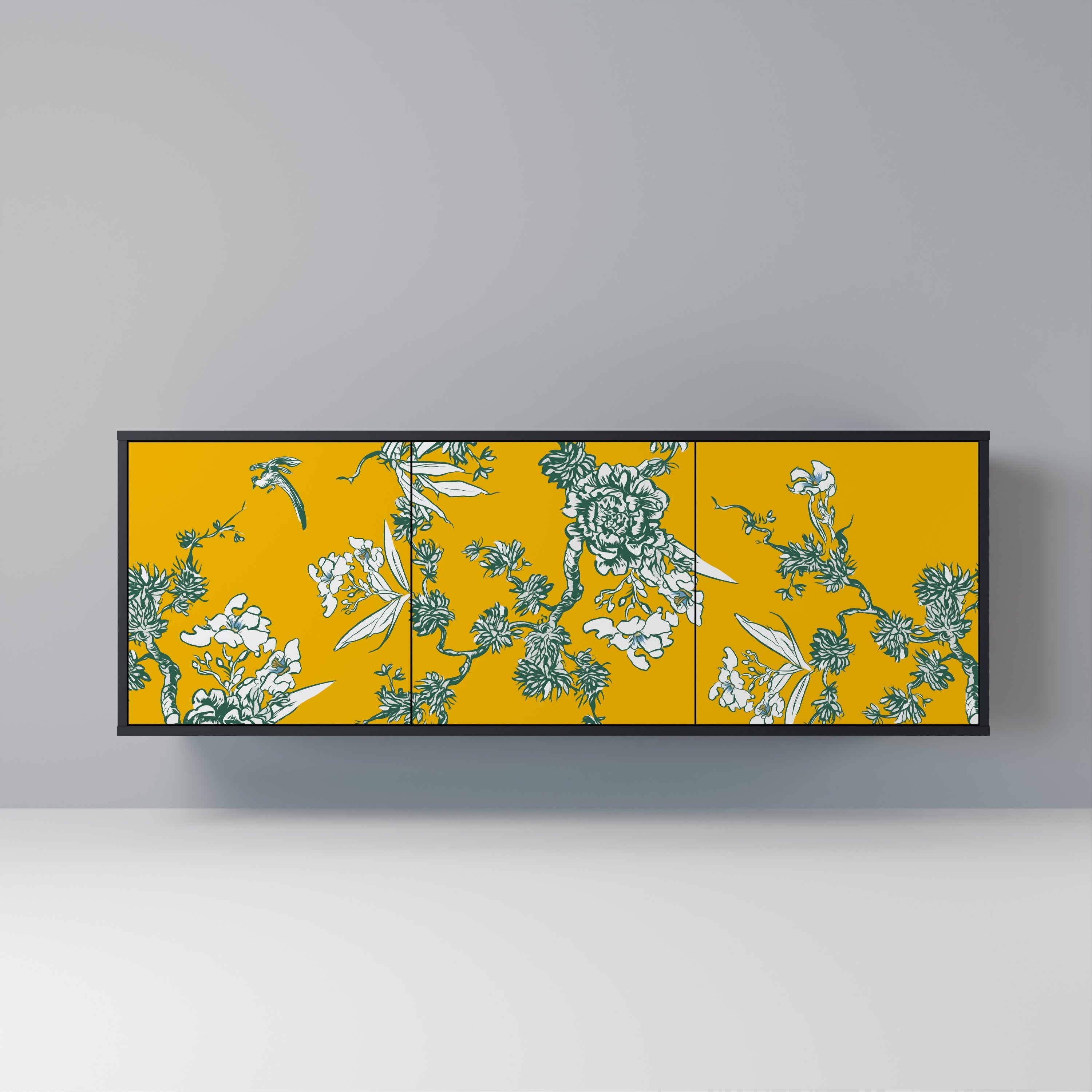 YELLOW CHINOISERIE 3-Door Sideboard in Black Finish