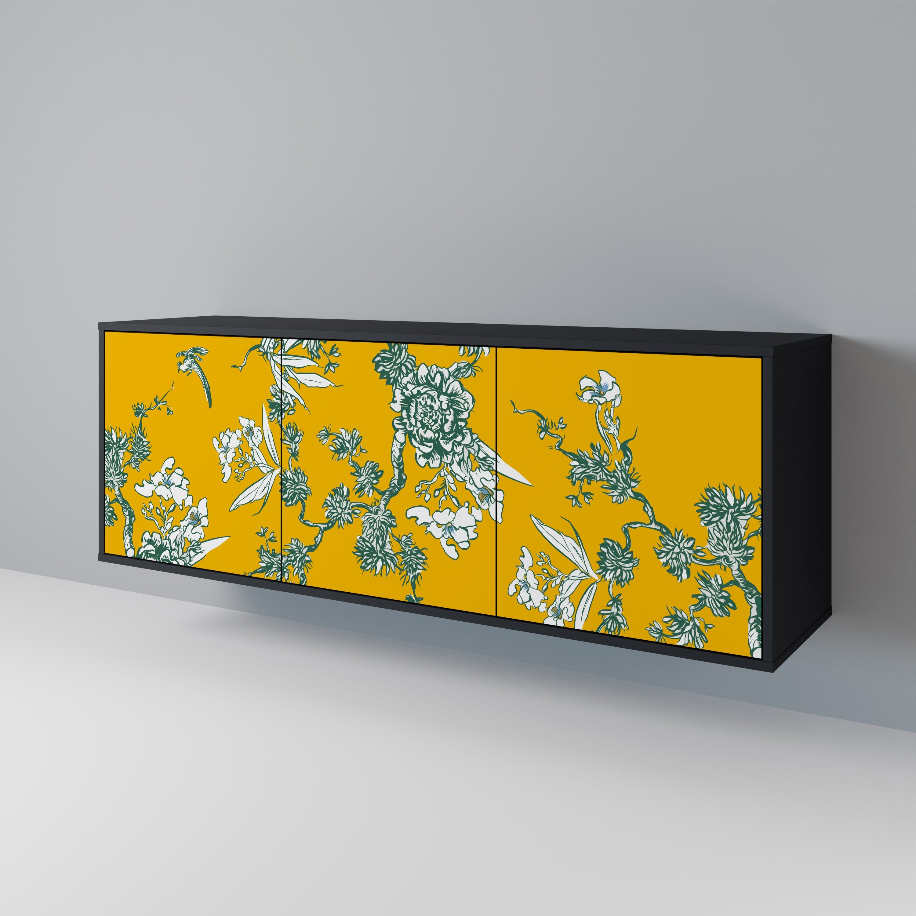 YELLOW CHINOISERIE 3-Door Sideboard in Black Finish