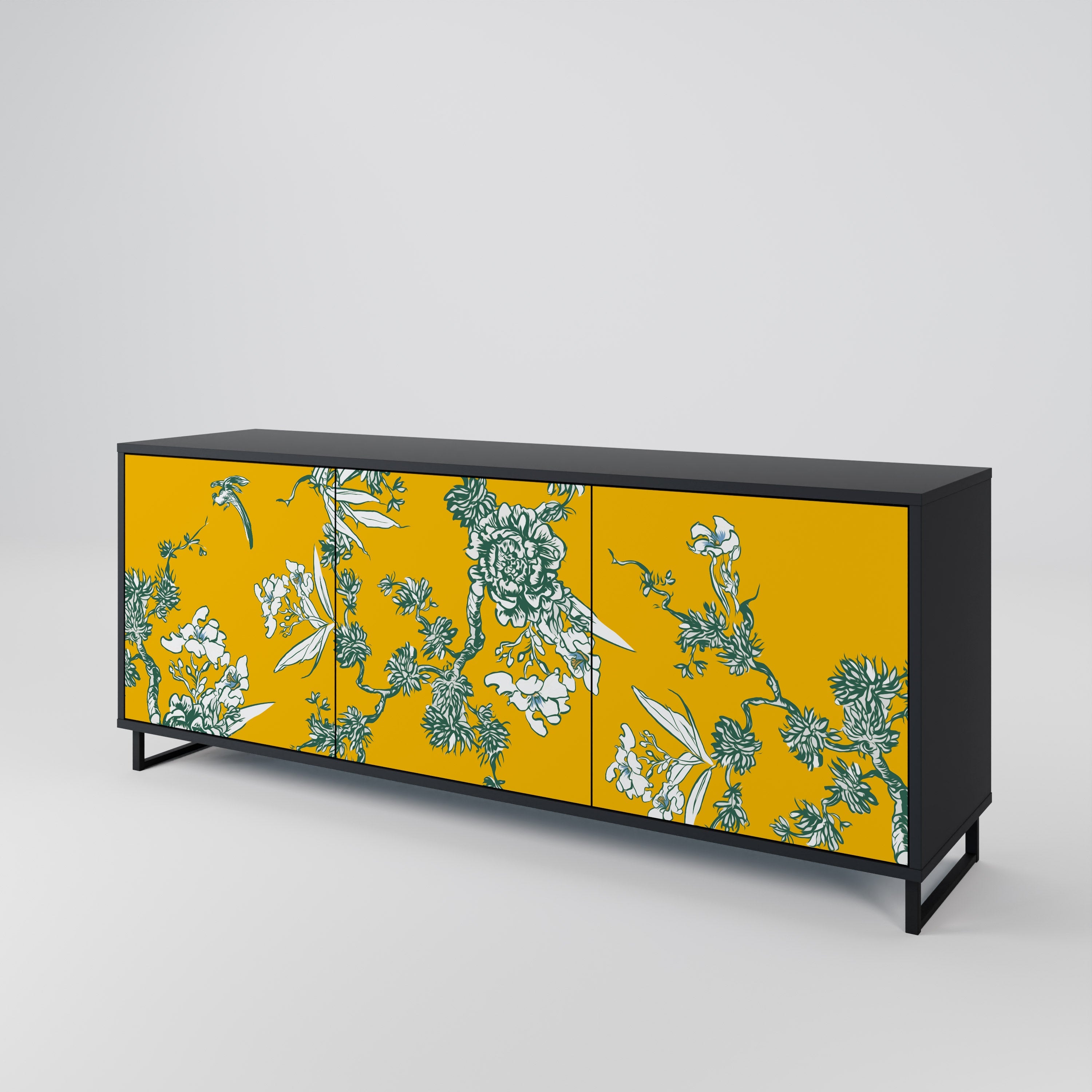 YELLOW CHINOISERIE 3-Door Sideboard in Black Finish