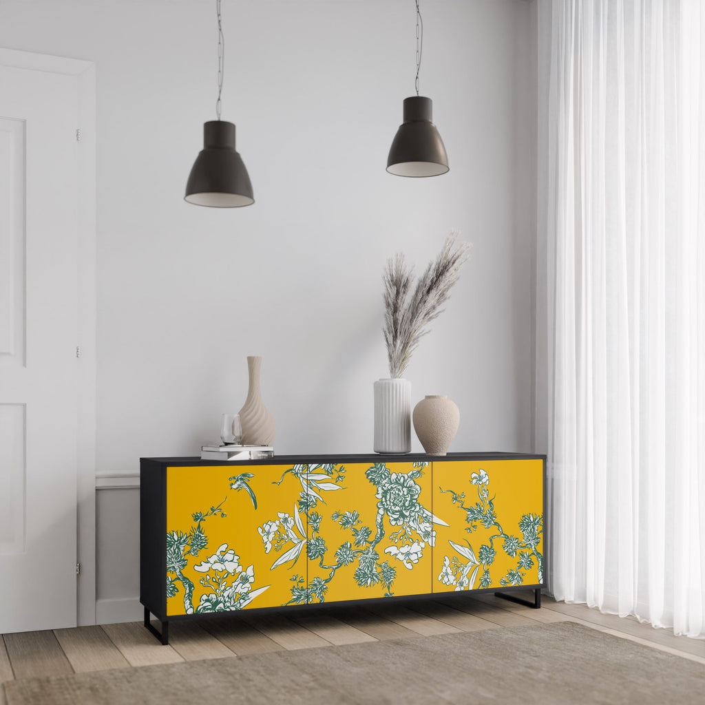 YELLOW CHINOISERIE 3-Door Sideboard in Black Finish