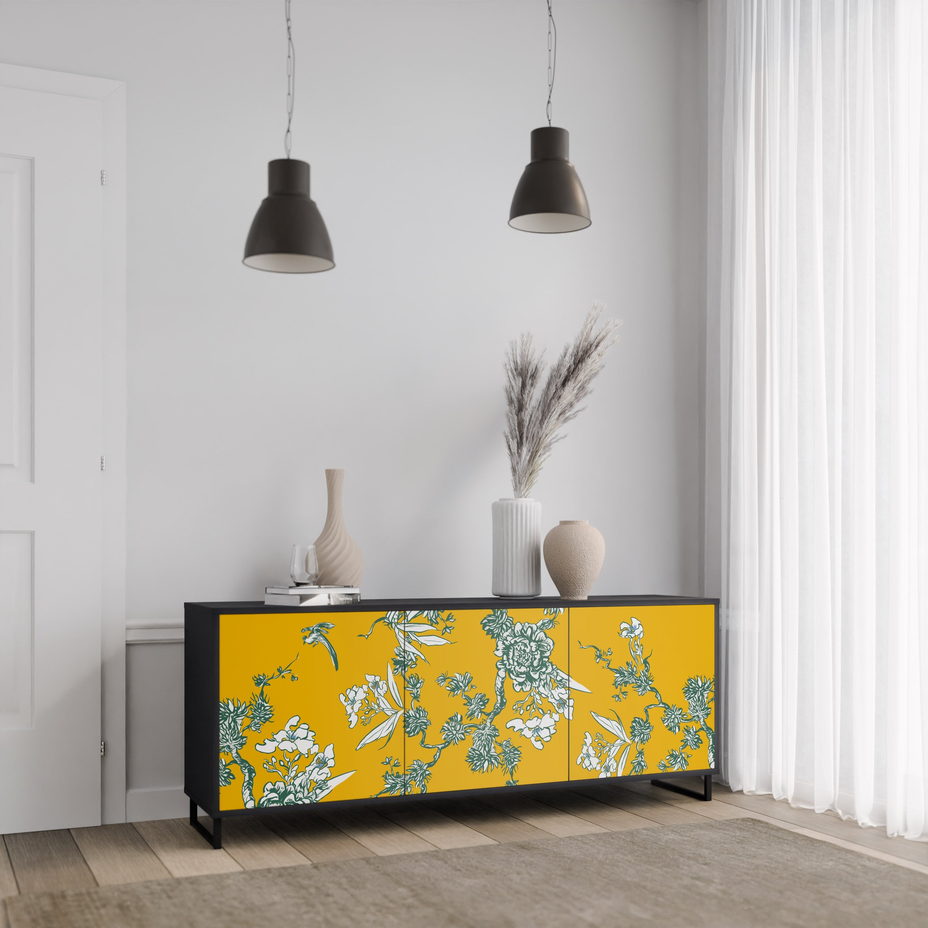 YELLOW CHINOISERIE 3-Door Sideboard in Black Finish