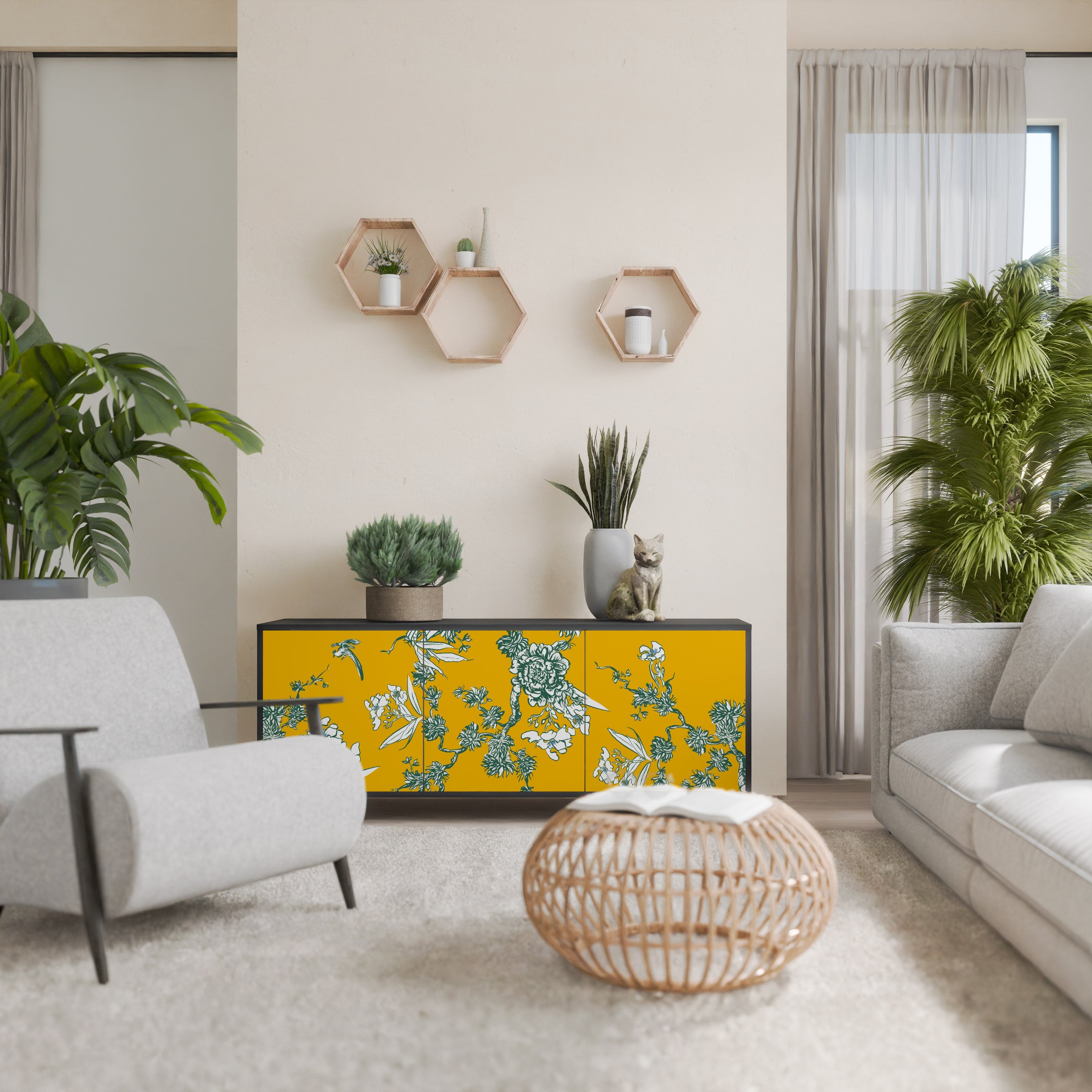 YELLOW CHINOISERIE 3-Door Sideboard in Black Finish