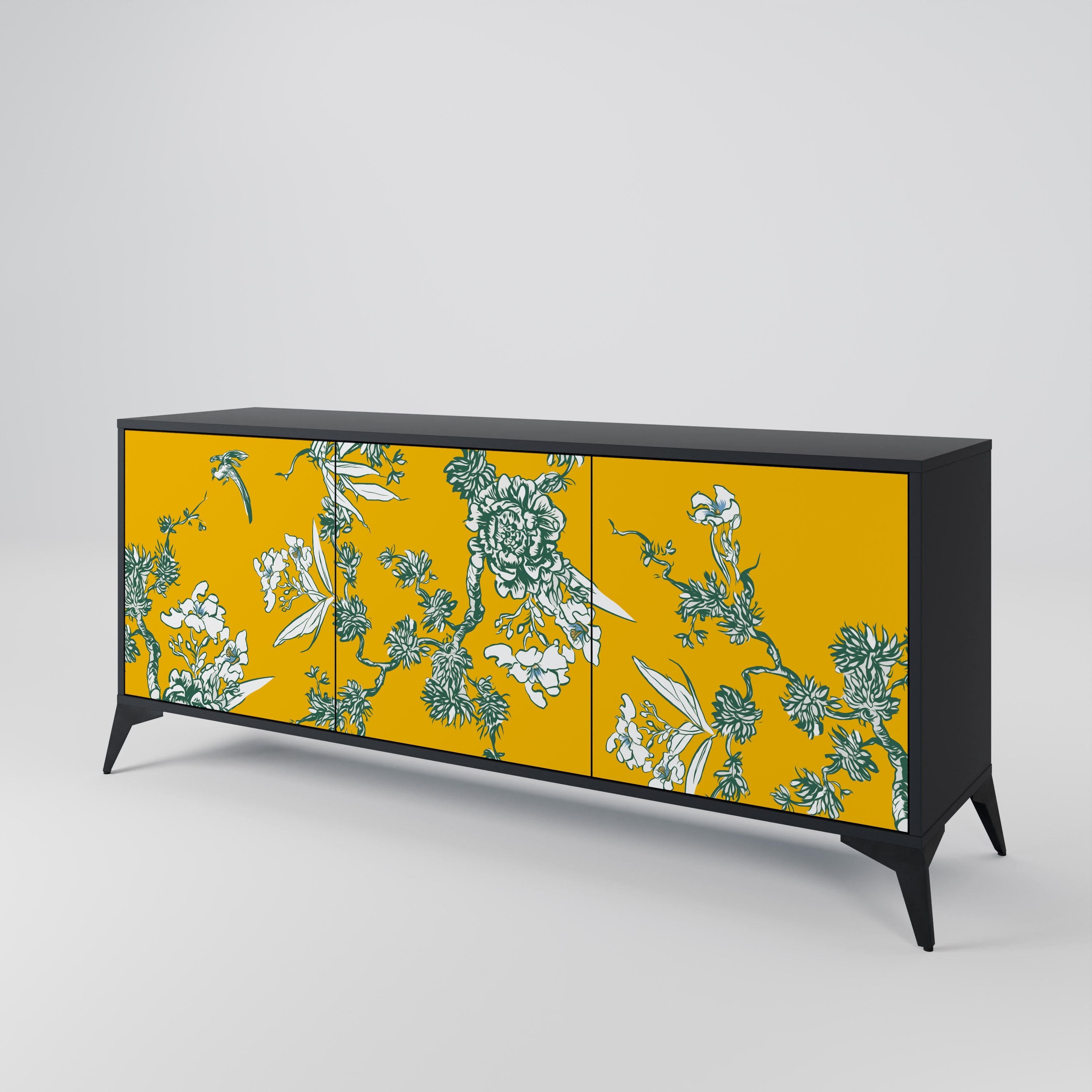 YELLOW CHINOISERIE 3-Door Sideboard in Black Finish