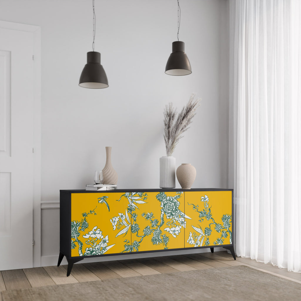 YELLOW CHINOISERIE 3-Door Sideboard in Black Finish