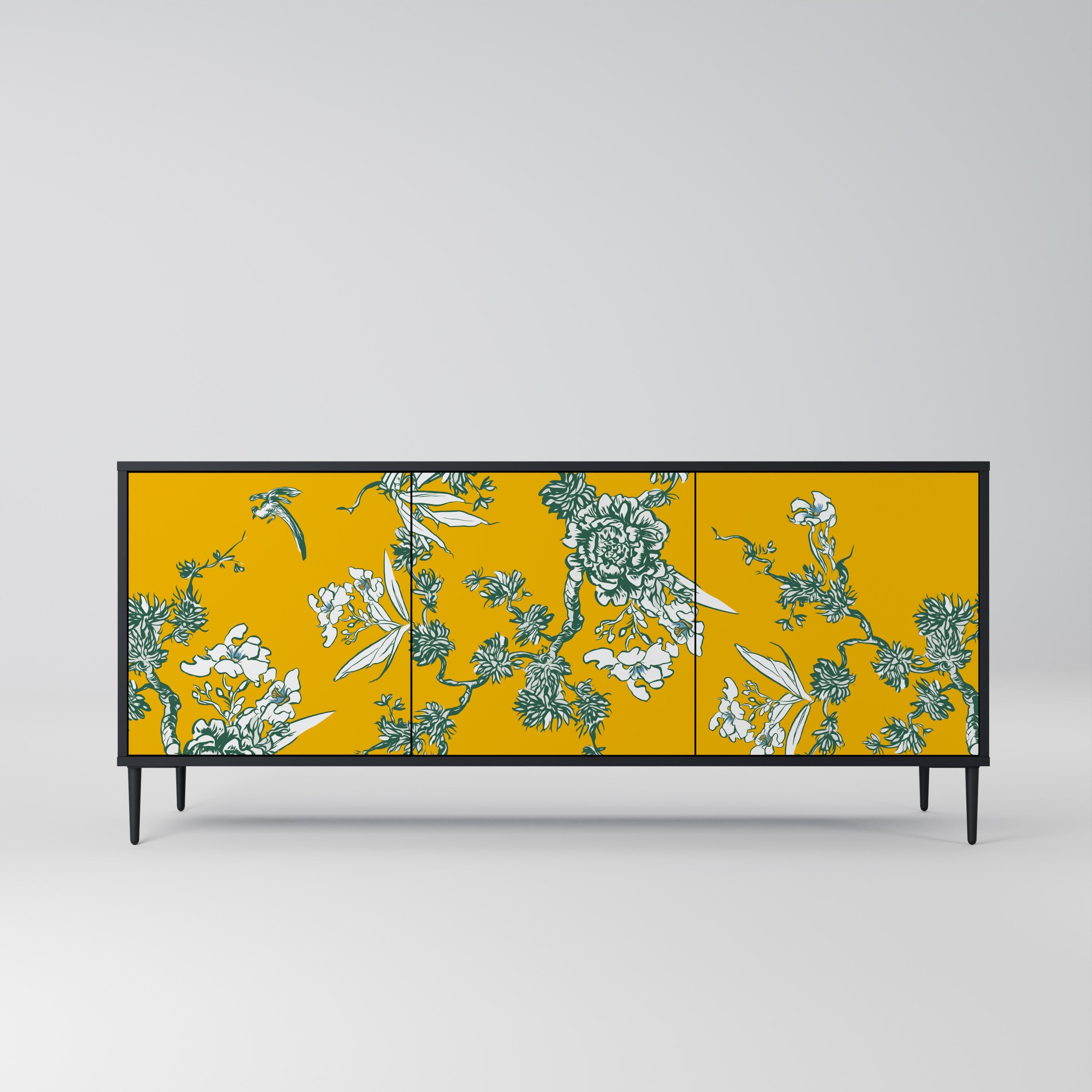 YELLOW CHINOISERIE 3-Door Sideboard in Black Finish