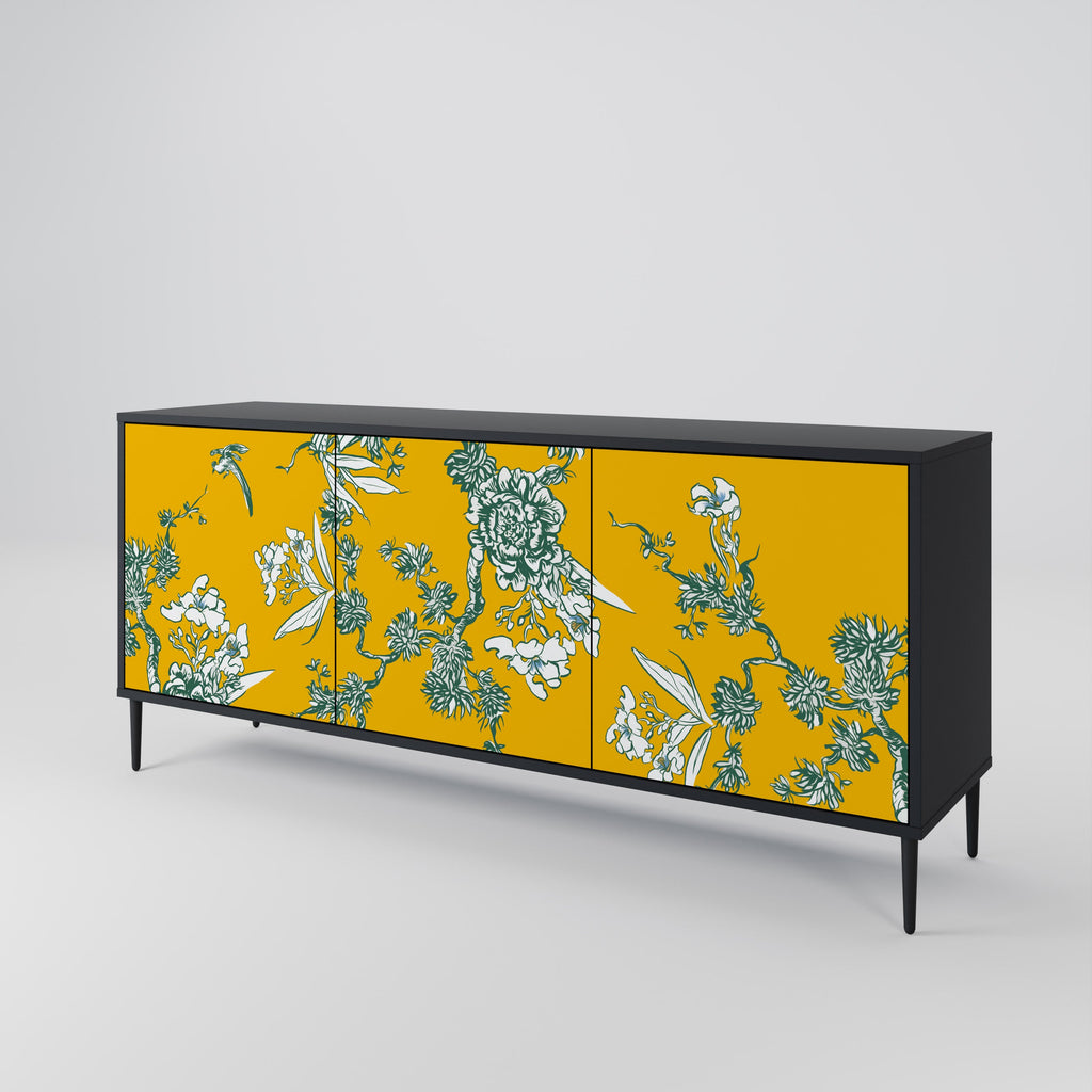 YELLOW CHINOISERIE 3-Door Sideboard in Black Finish