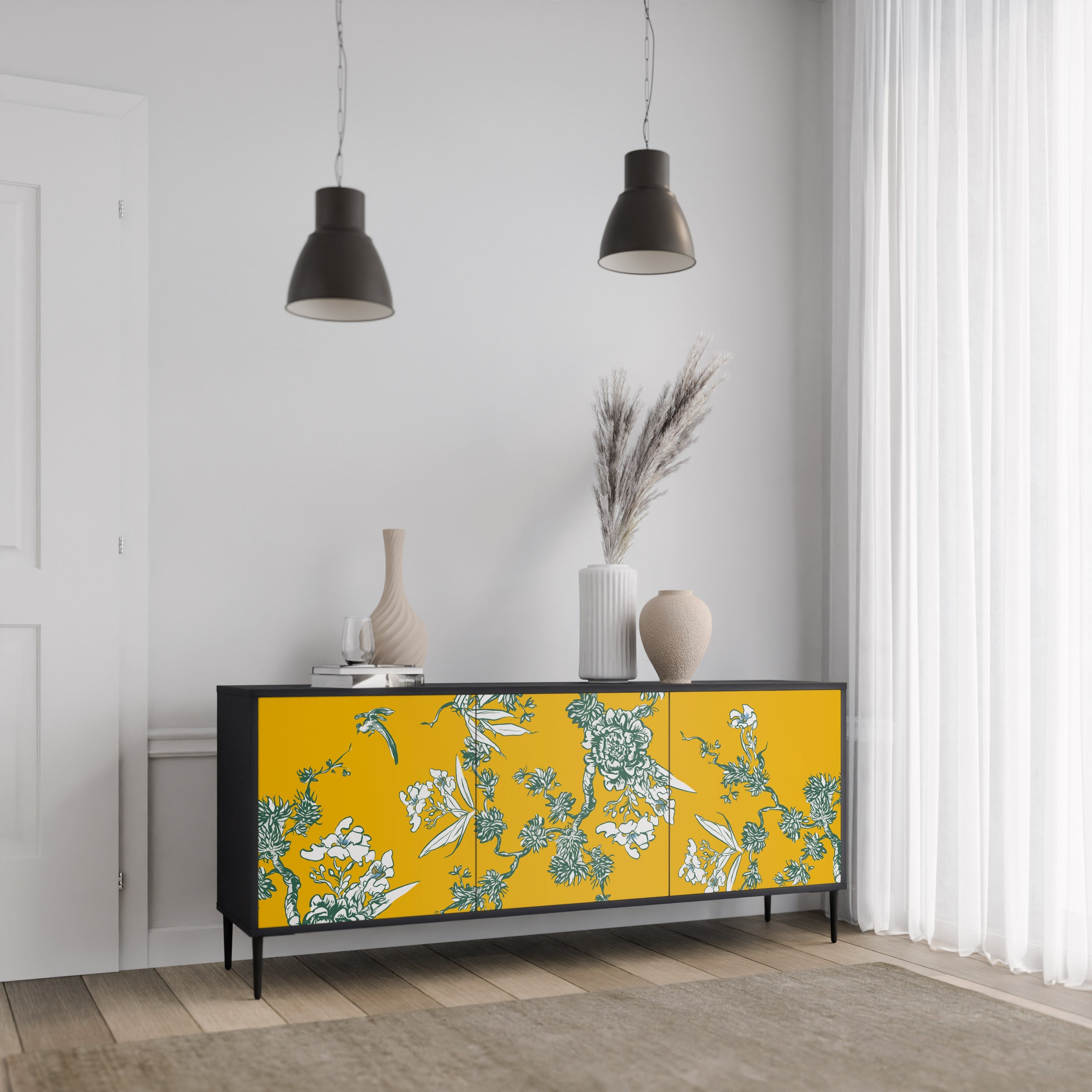 YELLOW CHINOISERIE 3-Door Sideboard in Black Finish