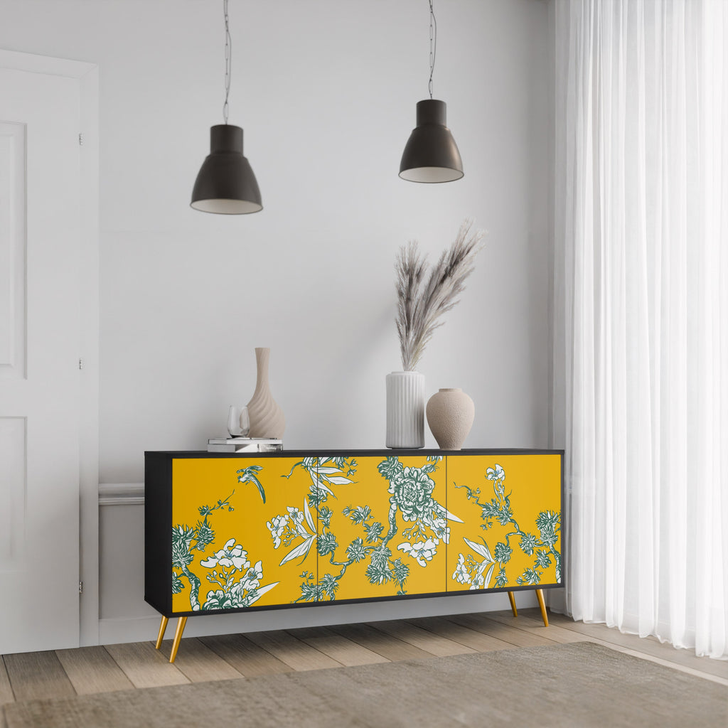 YELLOW CHINOISERIE 3-Door Sideboard in Black Finish