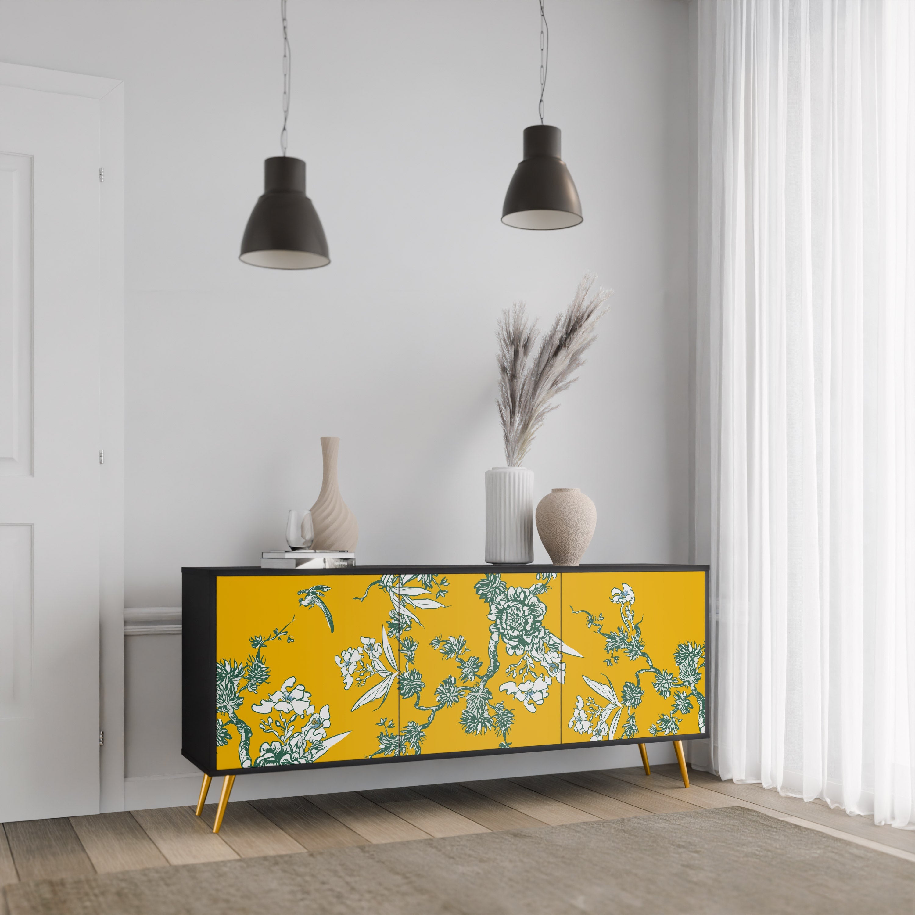 YELLOW CHINOISERIE 3-Door Sideboard in Black Finish