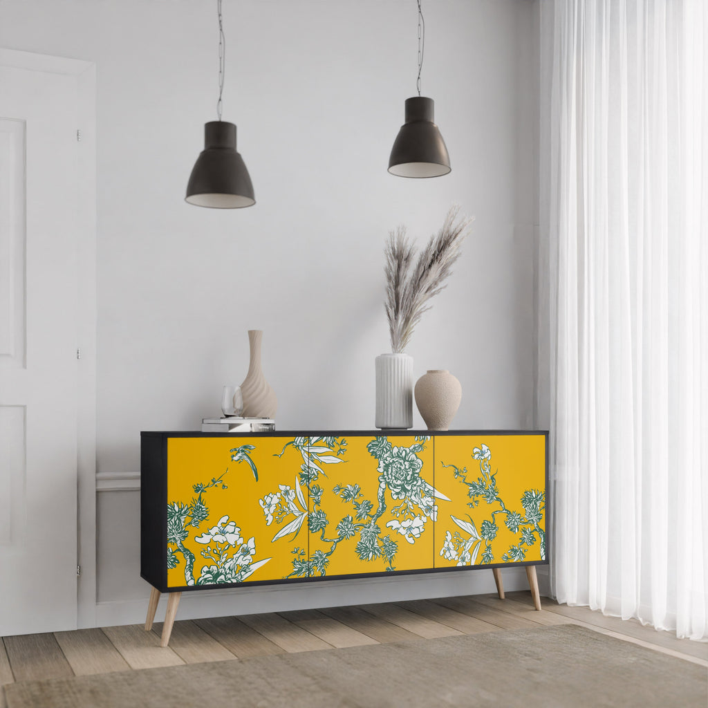 YELLOW CHINOISERIE 3-Door Sideboard in Black Finish