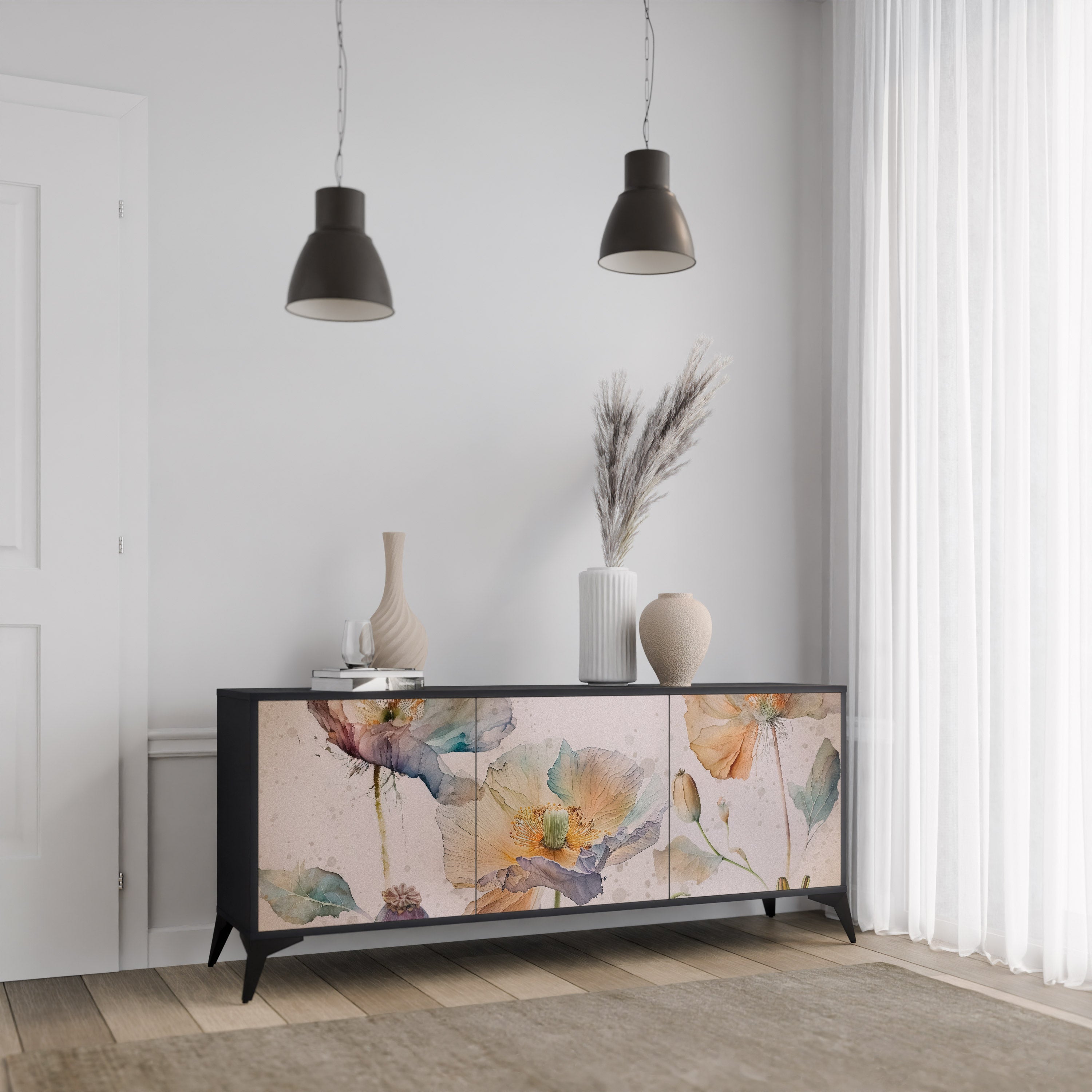 SOFTEN POPPY 3-Door Sideboard in Black Finish