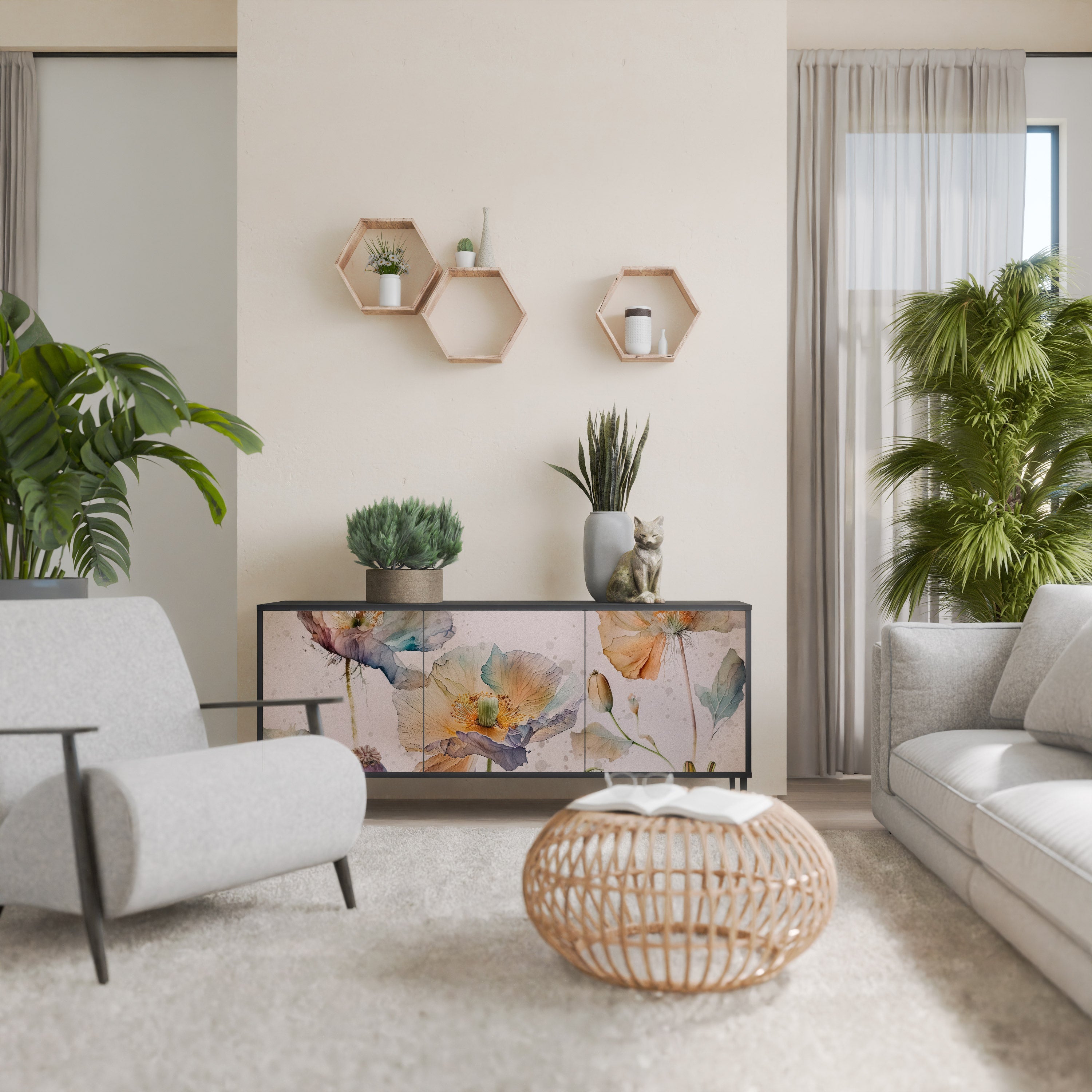 SOFTEN POPPY Aparador de 3 Portas em Acabamento Preto