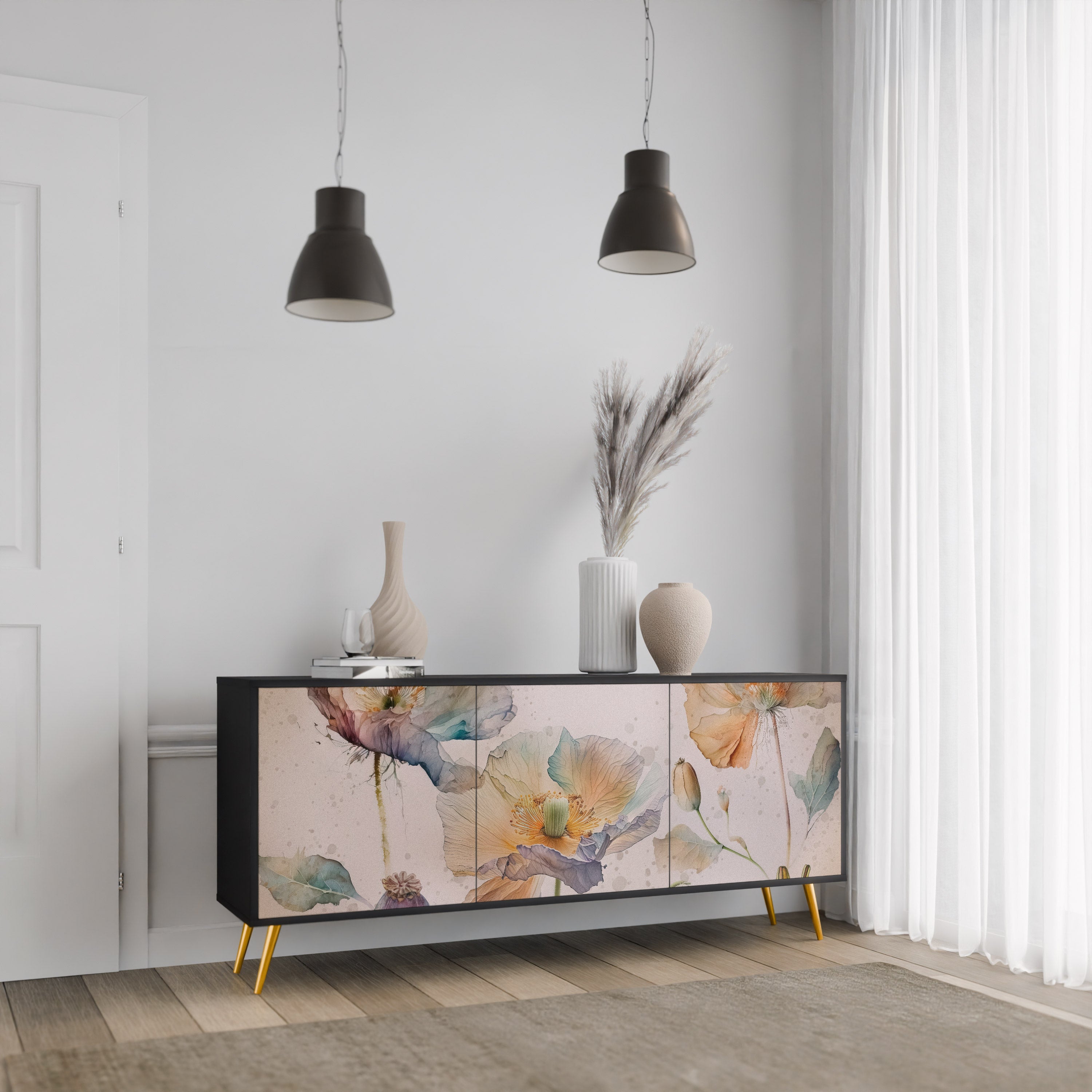 SOFTEN POPPY 3-Door Sideboard in Black Finish