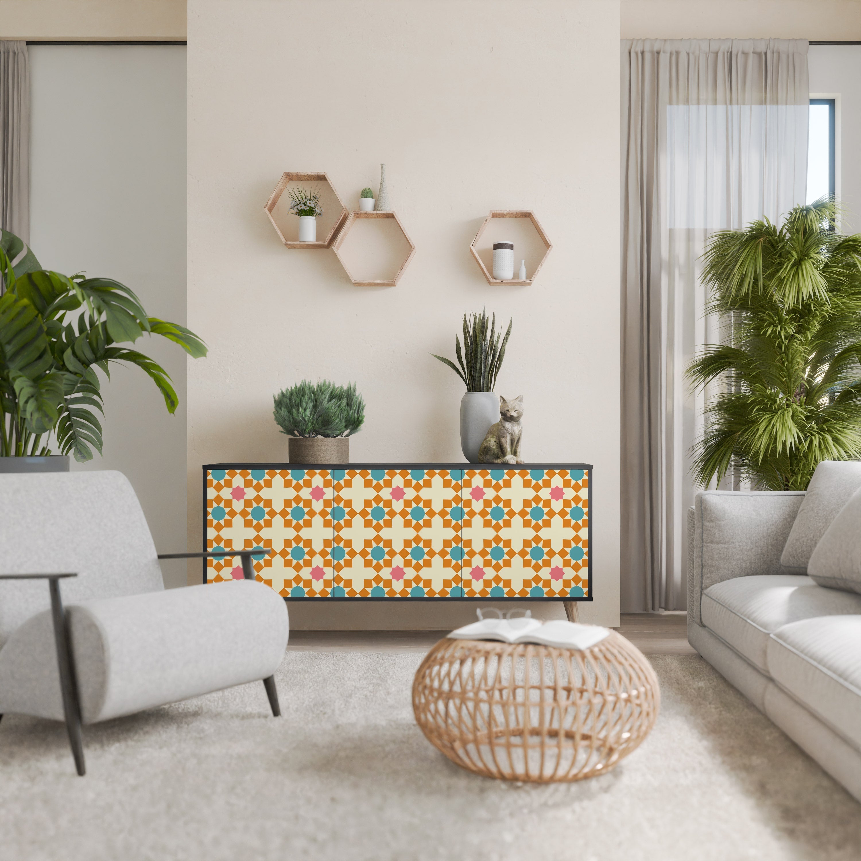 FLORAL DECOR Aparador de 3 Portas em Acabamento Preto