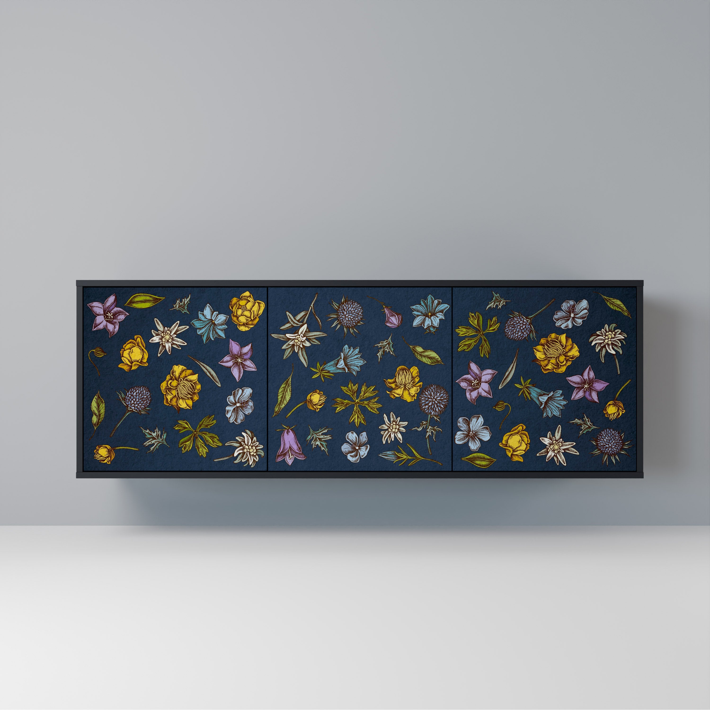 FLOWERS ON NAVY BLUE Aparador de 3 Portas em Acabamento Preto