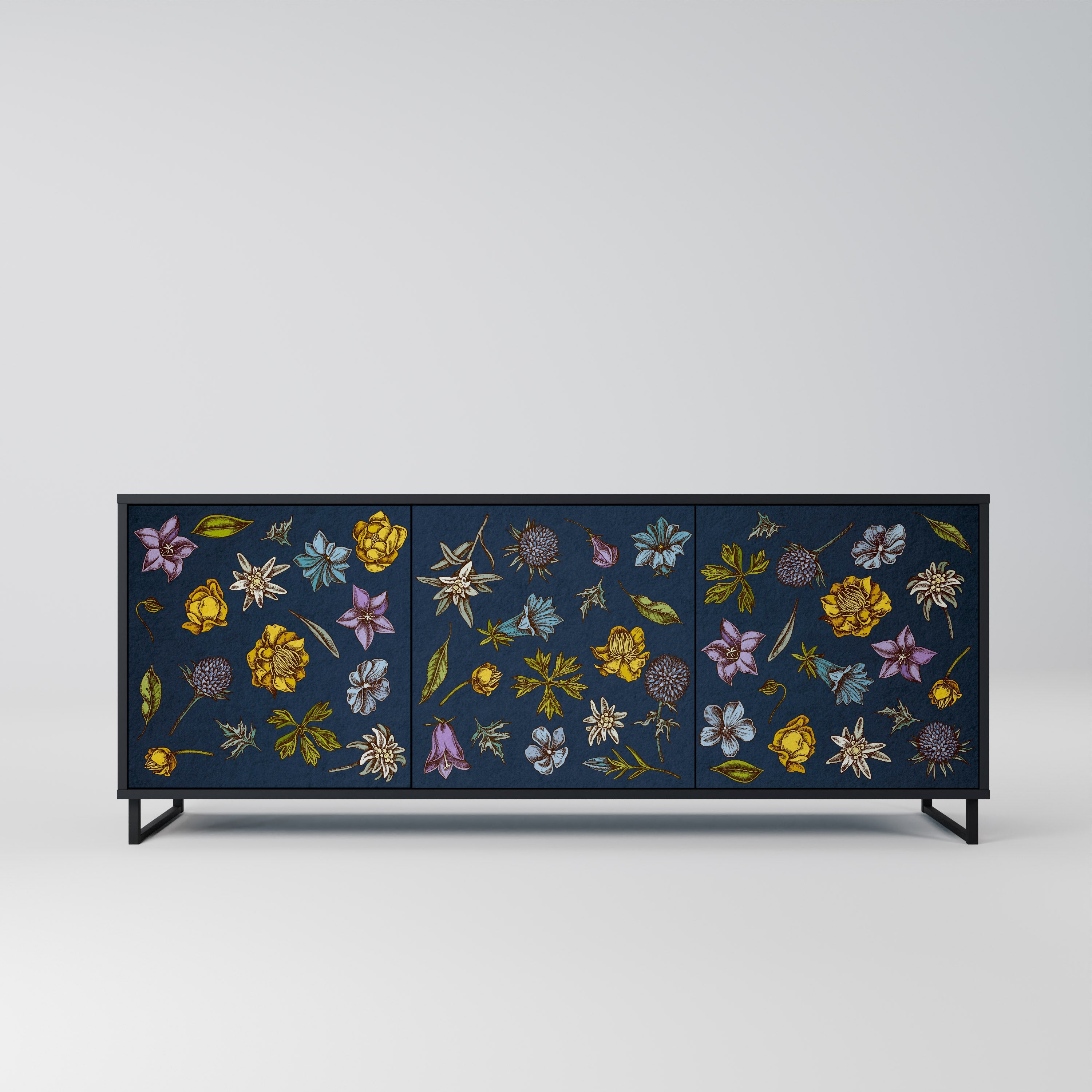 FLOWERS ON NAVY BLUE Aparador de 3 Portas em Acabamento Preto