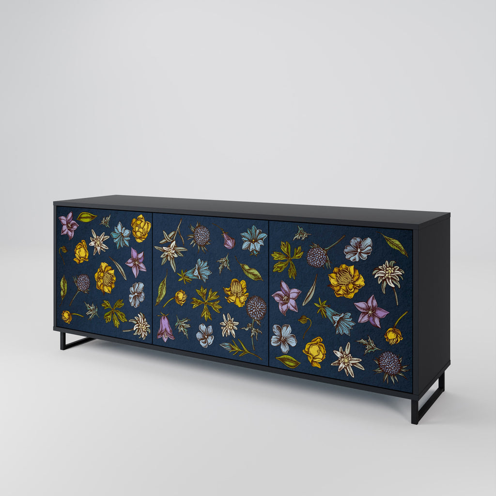 FLOWERS ON NAVY BLUE Aparador de 3 Portas em Acabamento Preto