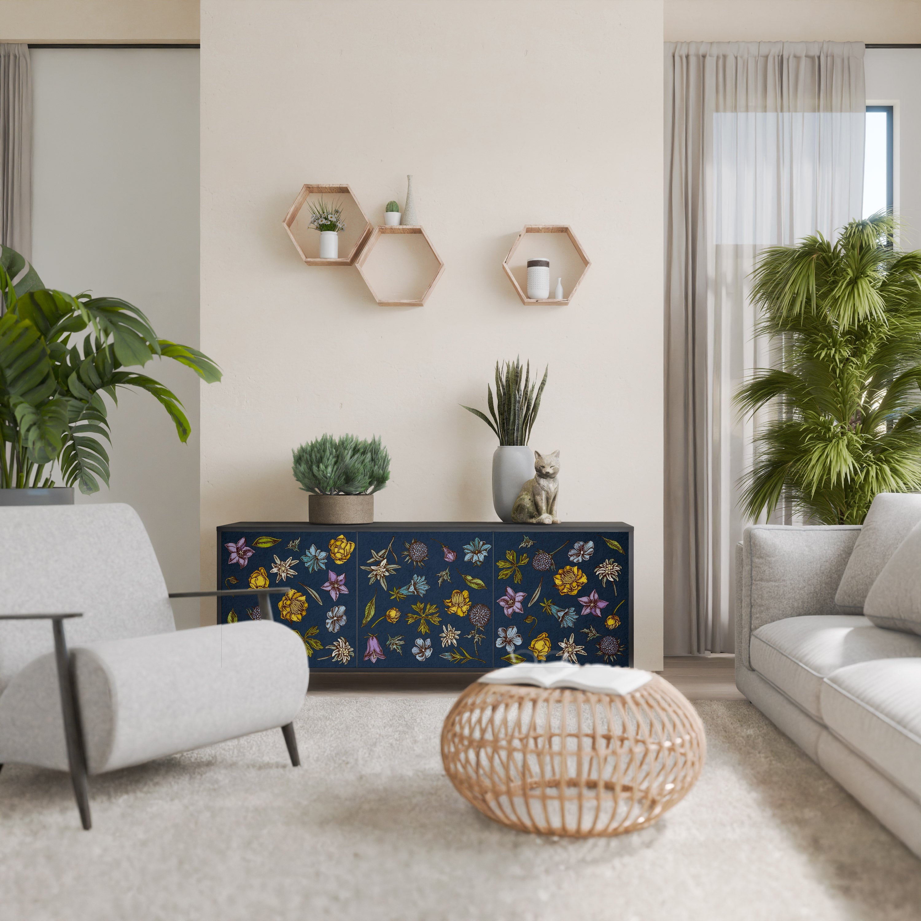 FLOWERS ON NAVY BLUE Aparador de 3 Portas em Acabamento Preto