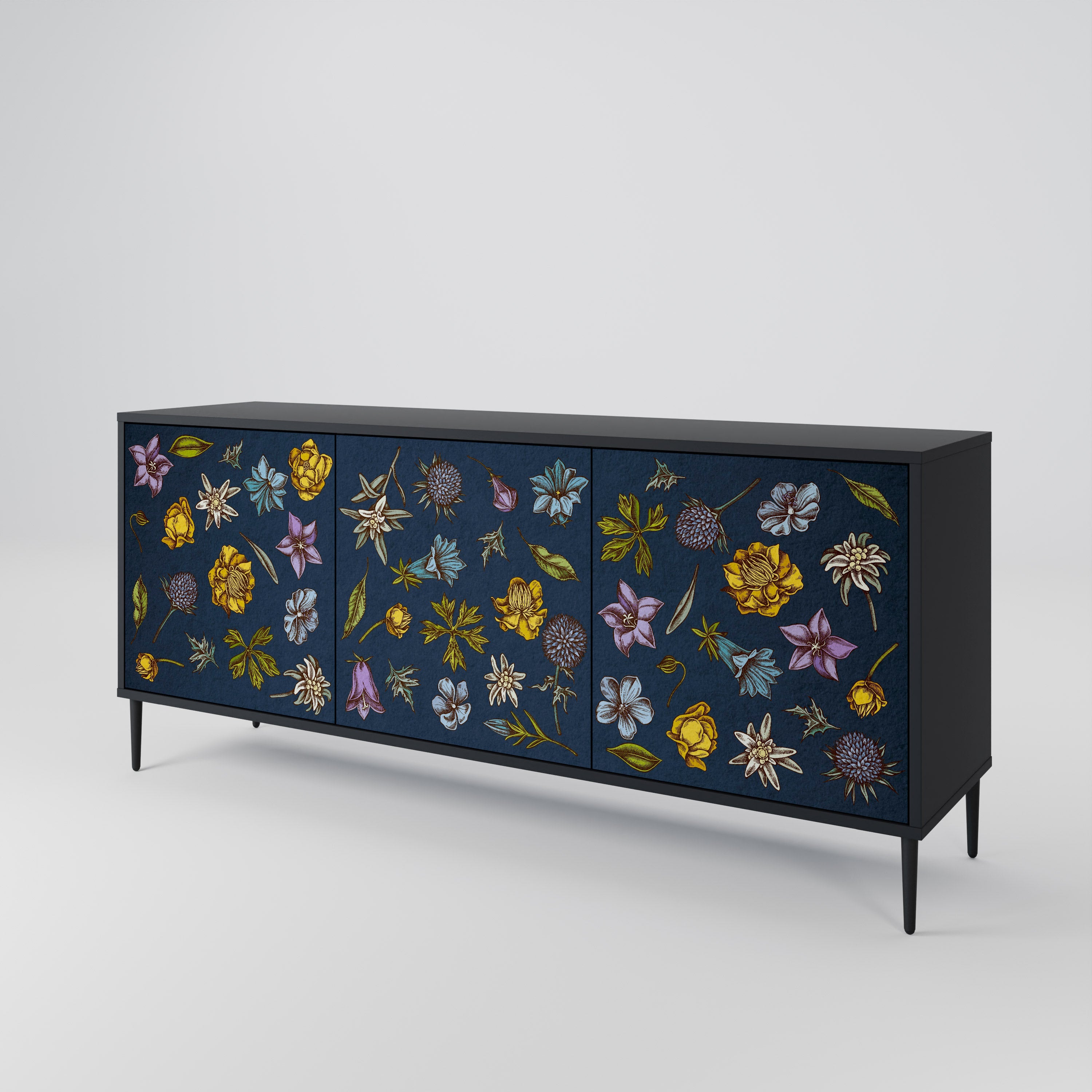 FLOWERS ON NAVY BLUE Aparador de 3 Portas em Acabamento Preto